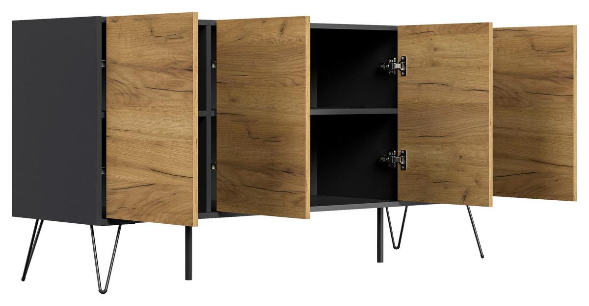 Sideboard Posseik Industrial Graphitfarben/Eiche B: 155 cm - Eichefarben/Schwarz, Design, Holzwerkstoff (155/75,8/42cm) - P & B
