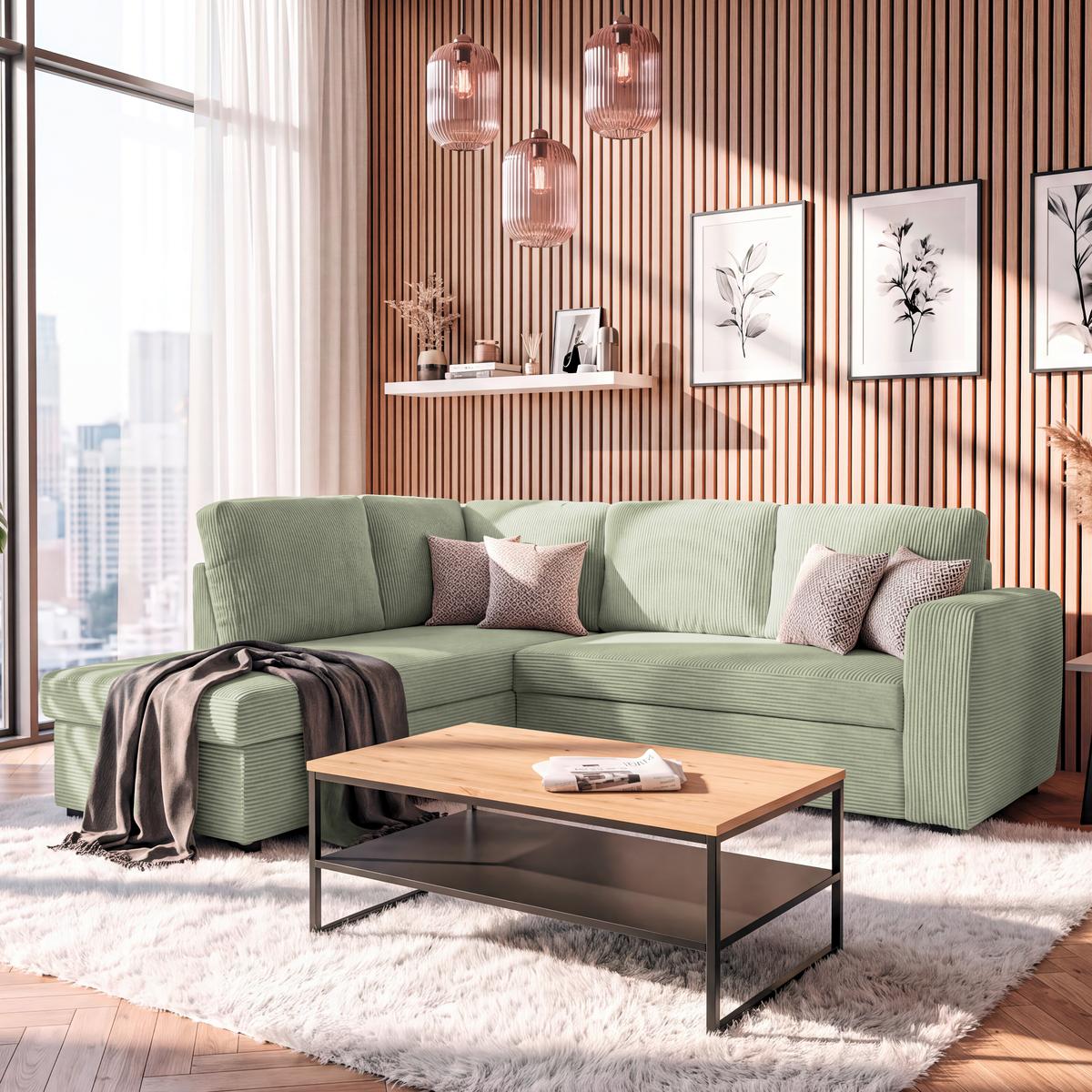 Ecksofa mit Schlaffunktion Toulouse Cord kaki, 206x224cm - Khaki/Schwarz, Trend, Holz/Textil (206/224cm)