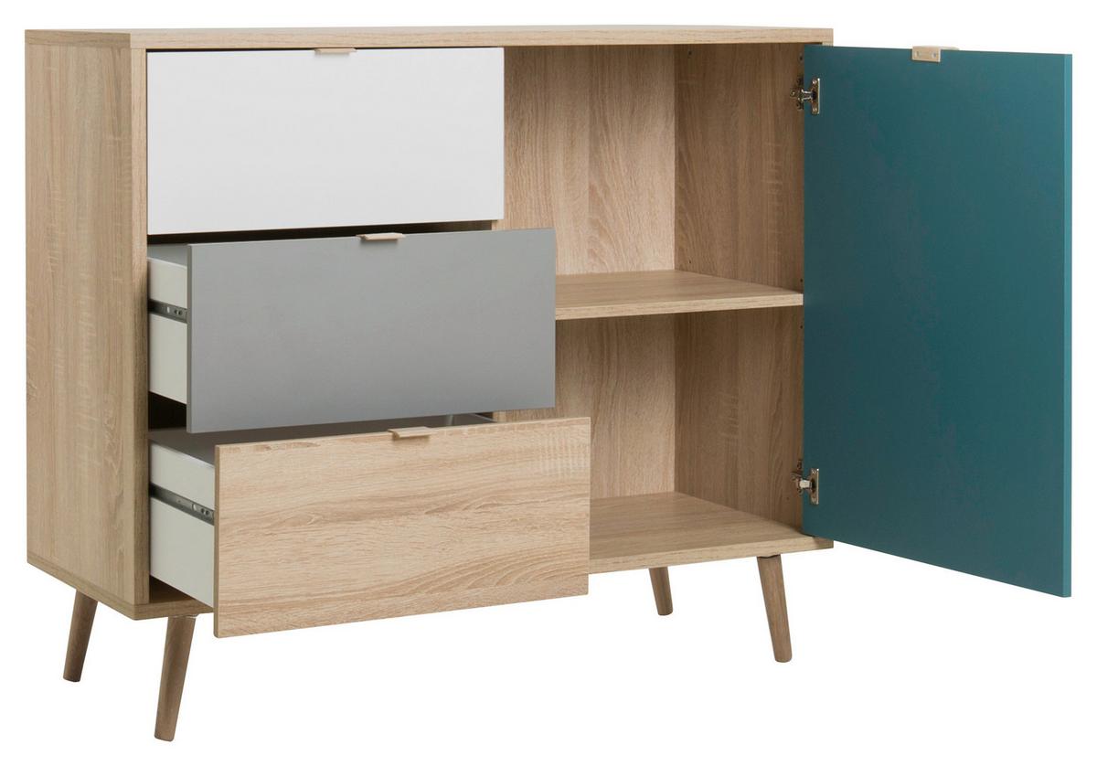 Kommode B 103cm Cuba 1-trend, Eiche Dekor/grau, Weiß, Petrol - Eichefarben/Petrol, Trend, Holzwerkstoff (103/87/40cm) - MID.YOU