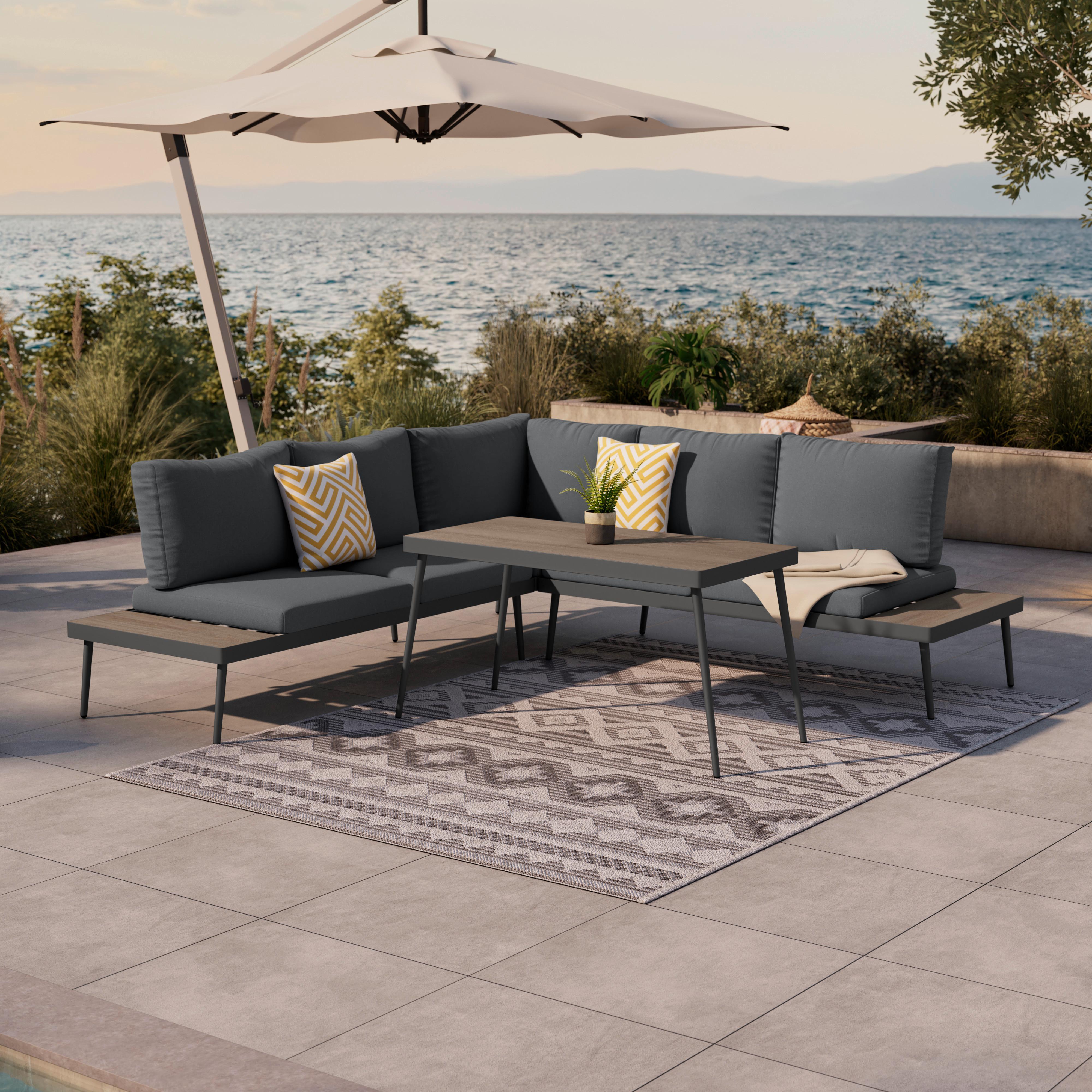Loungegarnitur 3-tlg Brügge Metall/kunststoff Mit Kissen - Dunkelgrau/Naturfarben, MODERN, Kunststoff/Textil (226/226cm) - Beldano