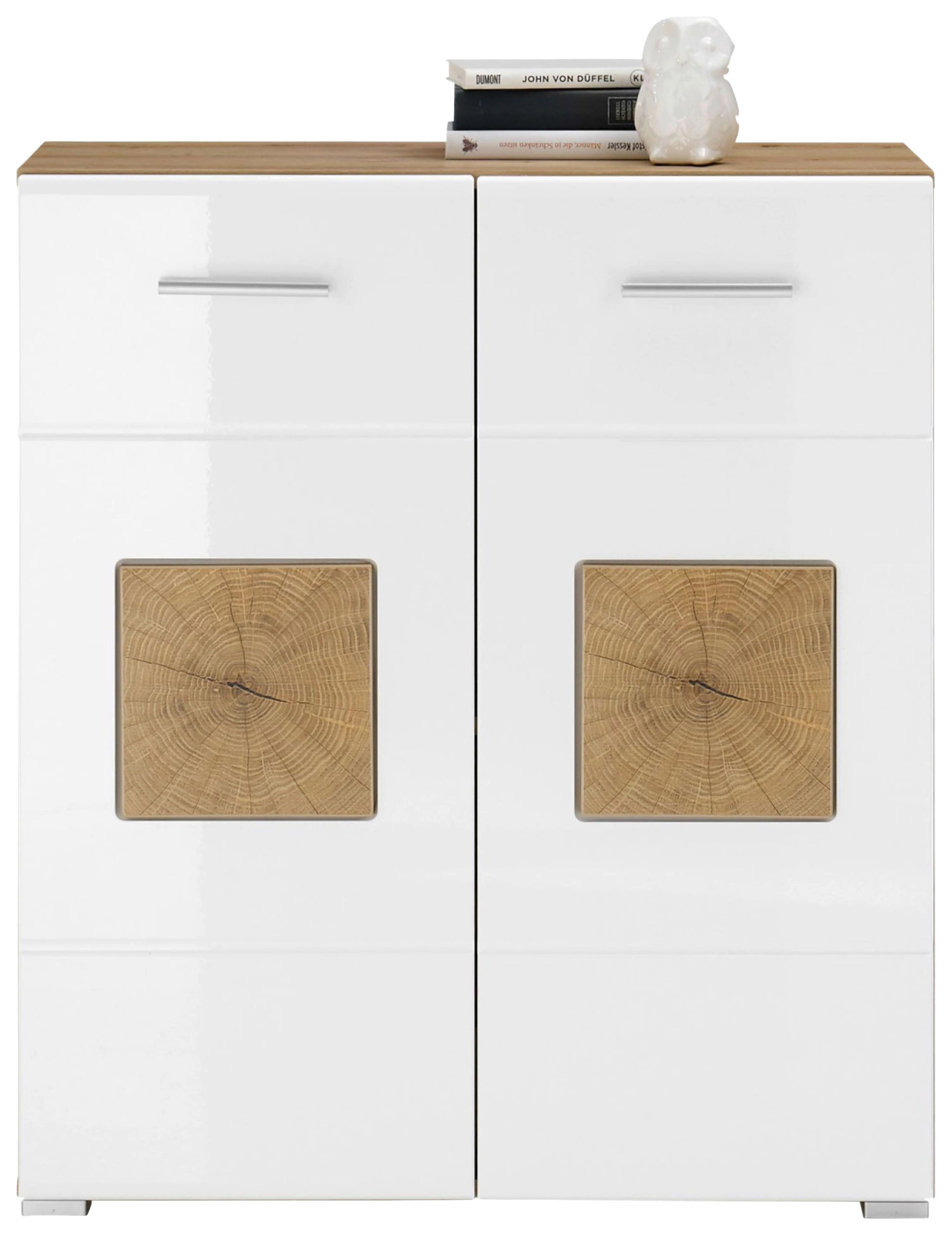 Kommode B: 80 cm Georgia Weiß/Eiche Dekor - Weiß Hochglanz/Silberfarben, MODERN, Holzwerkstoff (80/92/38cm)