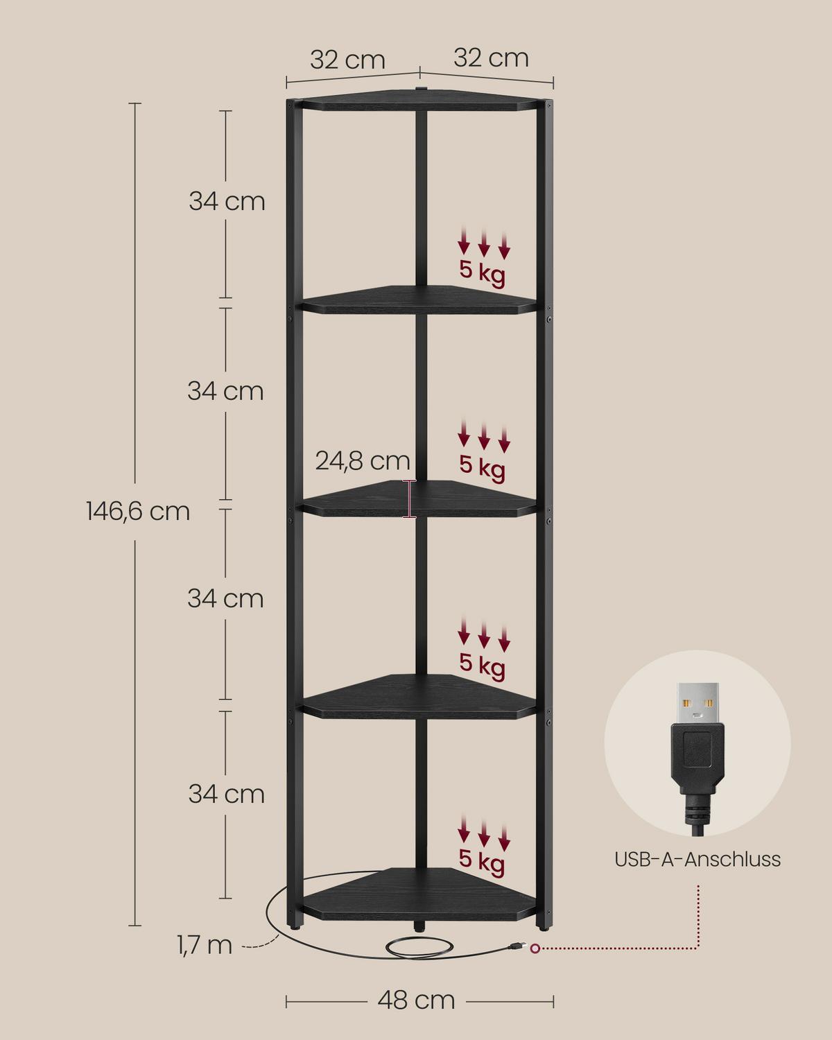 Eckregal Corner Shelf - Schwarz, MODERN, Holzwerkstoff/Metall (48/146,6/24,8cm) - MID.YOU