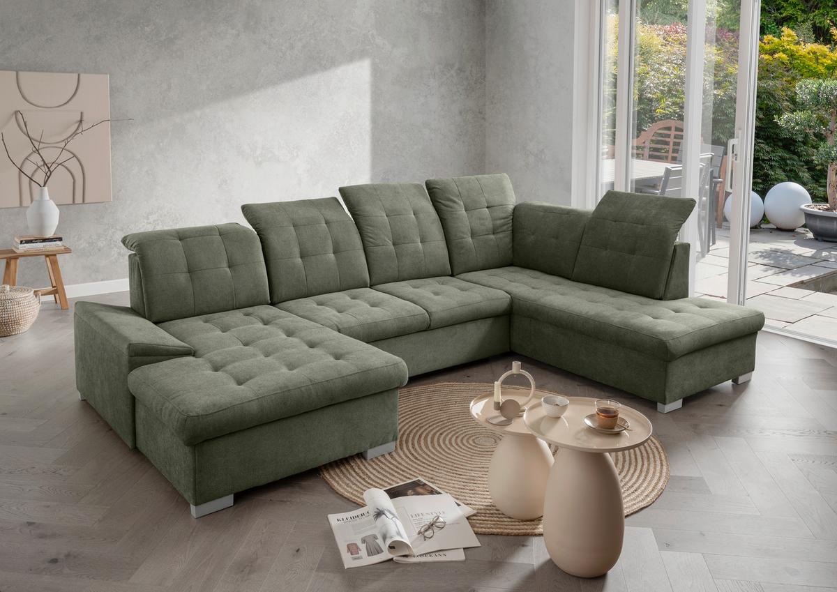 Wohnlandschaft Zira Dunkelgrün U: 169x330x212cm - Chromfarben/Dunkelgrün, MODERN, Textil (169/330/212cm) - Livetastic