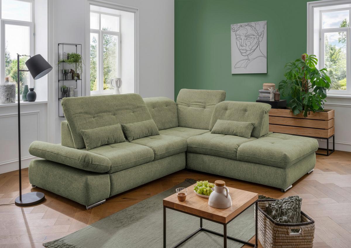 Ecksofa mit Schlaffunktion Dalida Grün Chenille - Chromfarben/Grün, Design, Textil (280/254cm) - Livetastic
