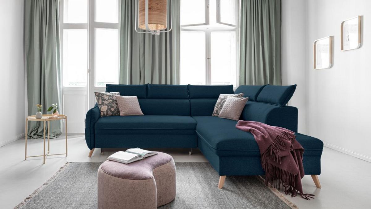Rozkládací sedačka Simone, pravé provedení - přírodní barvy/tmavě modrá, Moderní, dřevo/textil (253/82/95/208cm)
