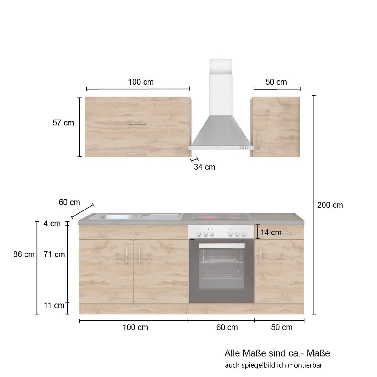 Küchenzeile Sorrento Mit Geräten B: 210 cm Eichefarben - Schieferfarben/Eiche Wotan, MODERN, Holzwerkstoff (210cm) - Held