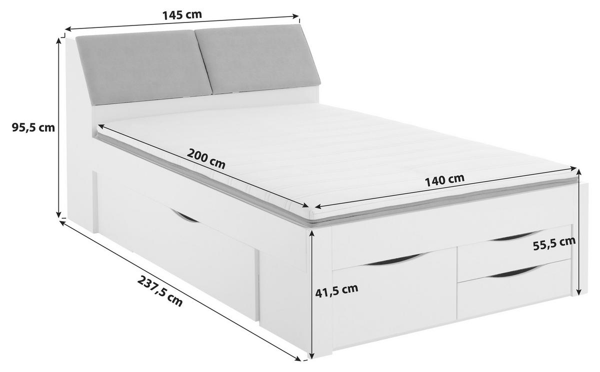 Stauraumbett Mit Bettkasten 140x200 Cm Maxi Weiß/grau - Weiß/Grau, KONVENTIONELL, Holzwerkstoff/Textil (140/200cm)