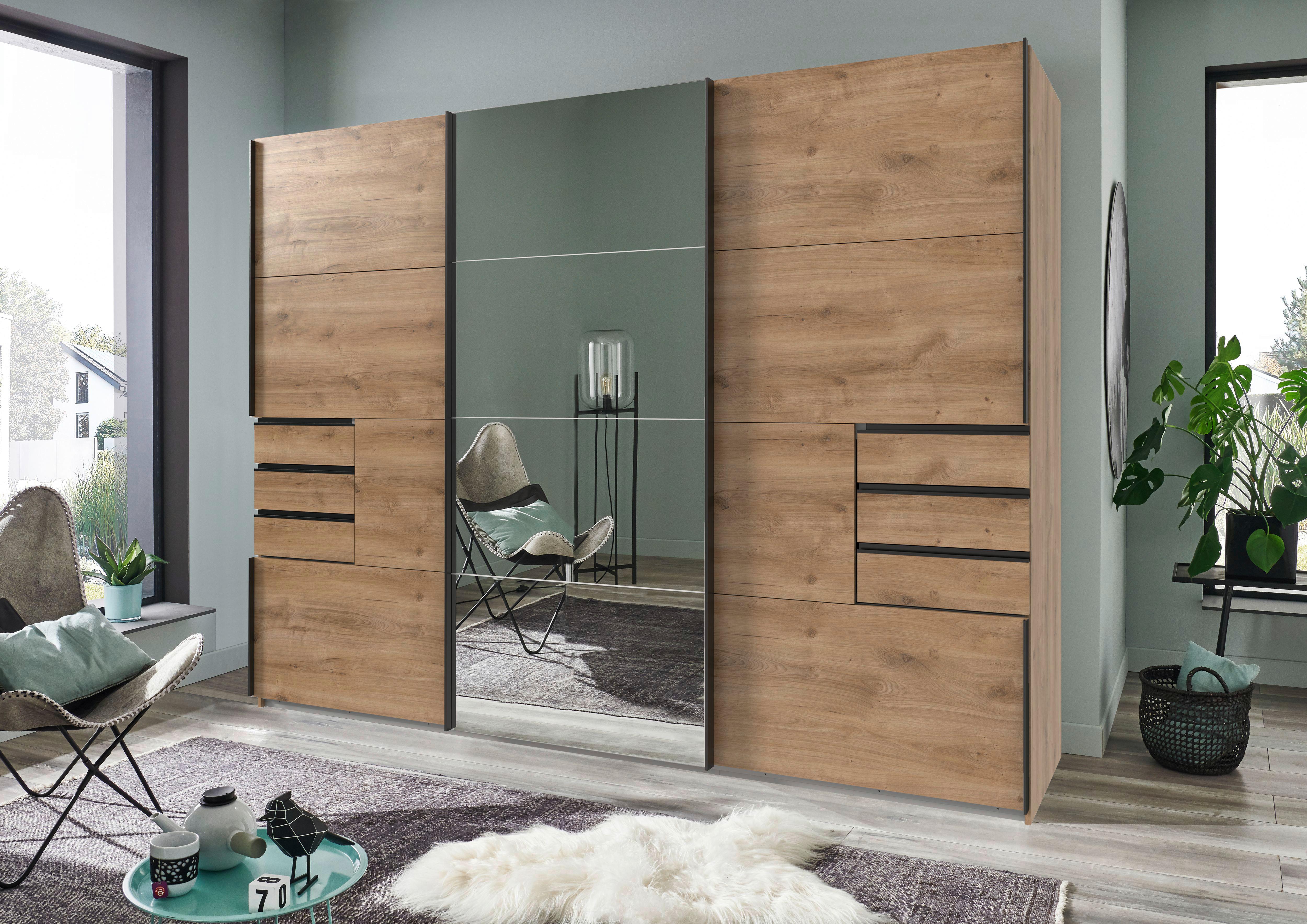 Schwebetürenschrank Saigon - Eichefarben/Graphitfarben, MODERN, Glas/Holzwerkstoff (270/210/64cm) - MID.YOU