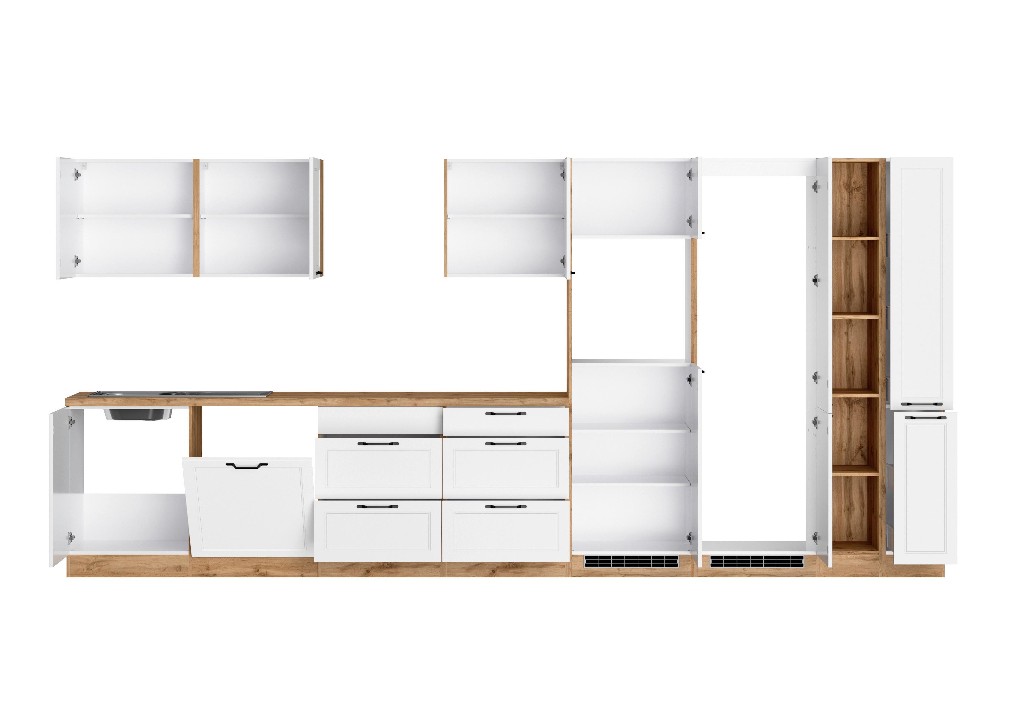 Küchenzeile Meran ohne Geräte B: 420 cm Weiß/Eiche Dekor - Eiche Wotan/Weiß, LIFESTYLE, Holzwerkstoff (420cm) - Held