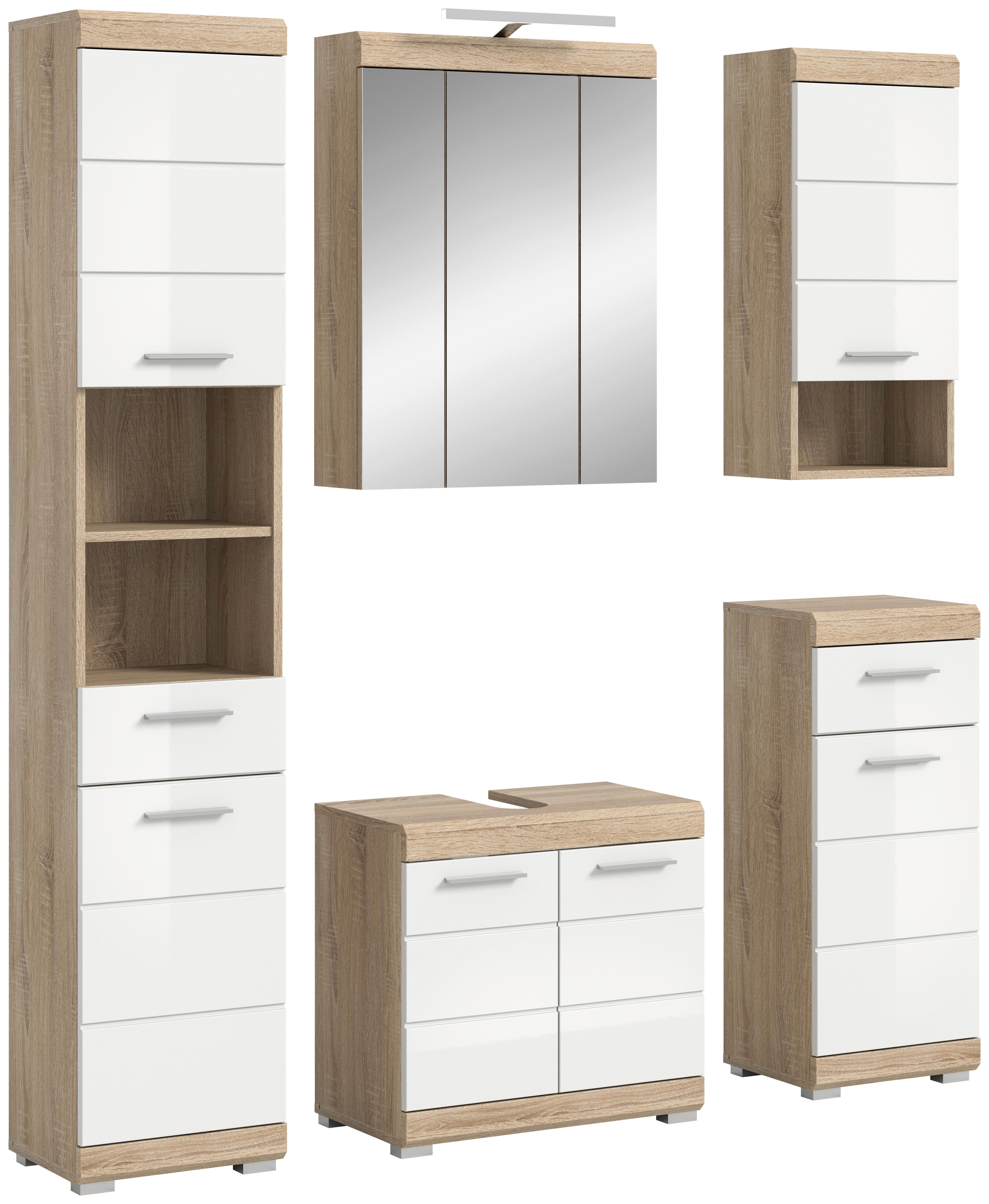 Badezimmer Lambada Eiche Dekor/Weiß B: 134 cm - Weiß Hochglanz/Silberfarben, MODERN, Glas/Holzwerkstoff (134cm) - MID.YOU