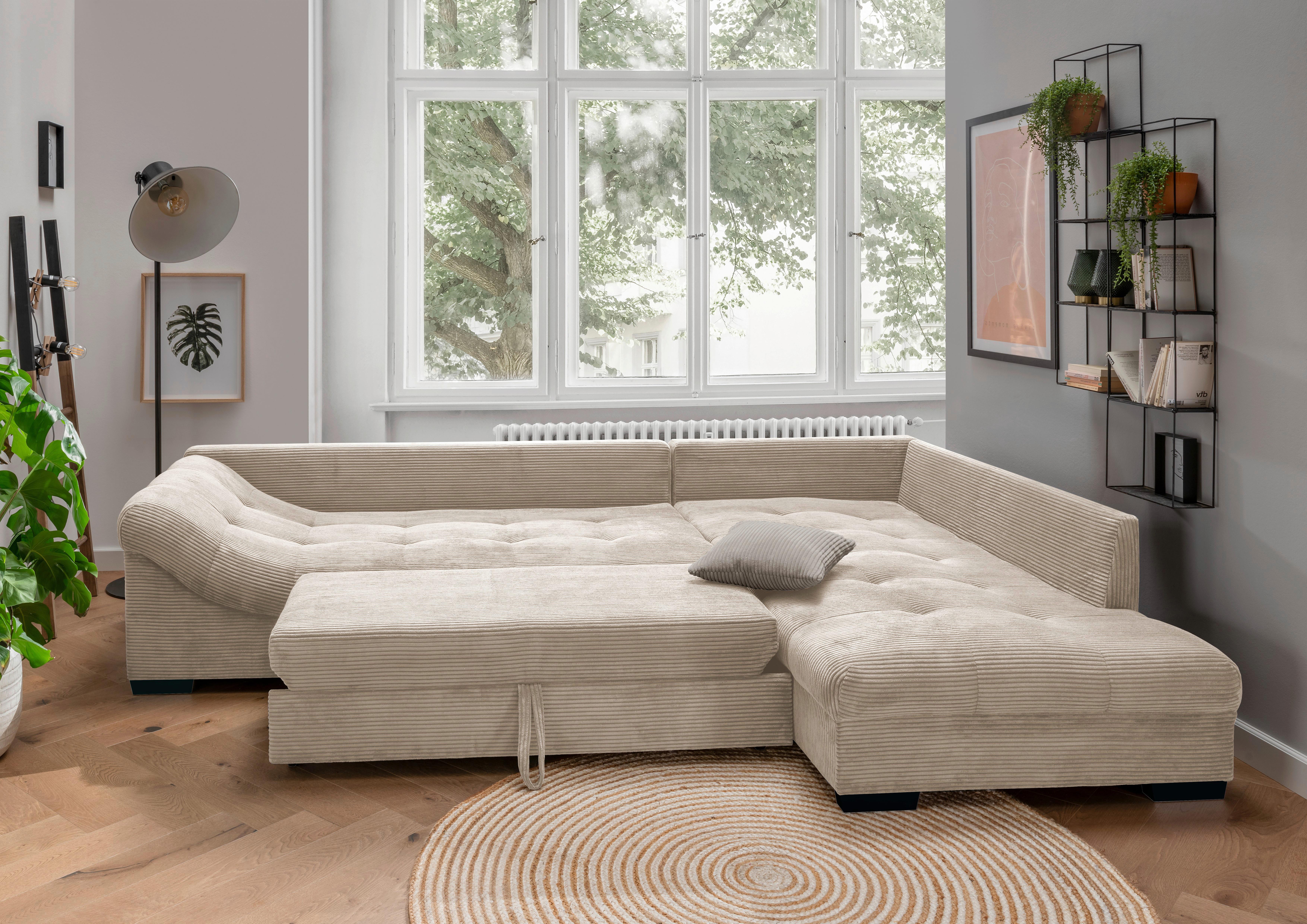 Rohová sedačka ALVITO, pravá, béžový manšestr - šedá/černá, Design, dřevo/textil (298/202cm) - MID.YOU