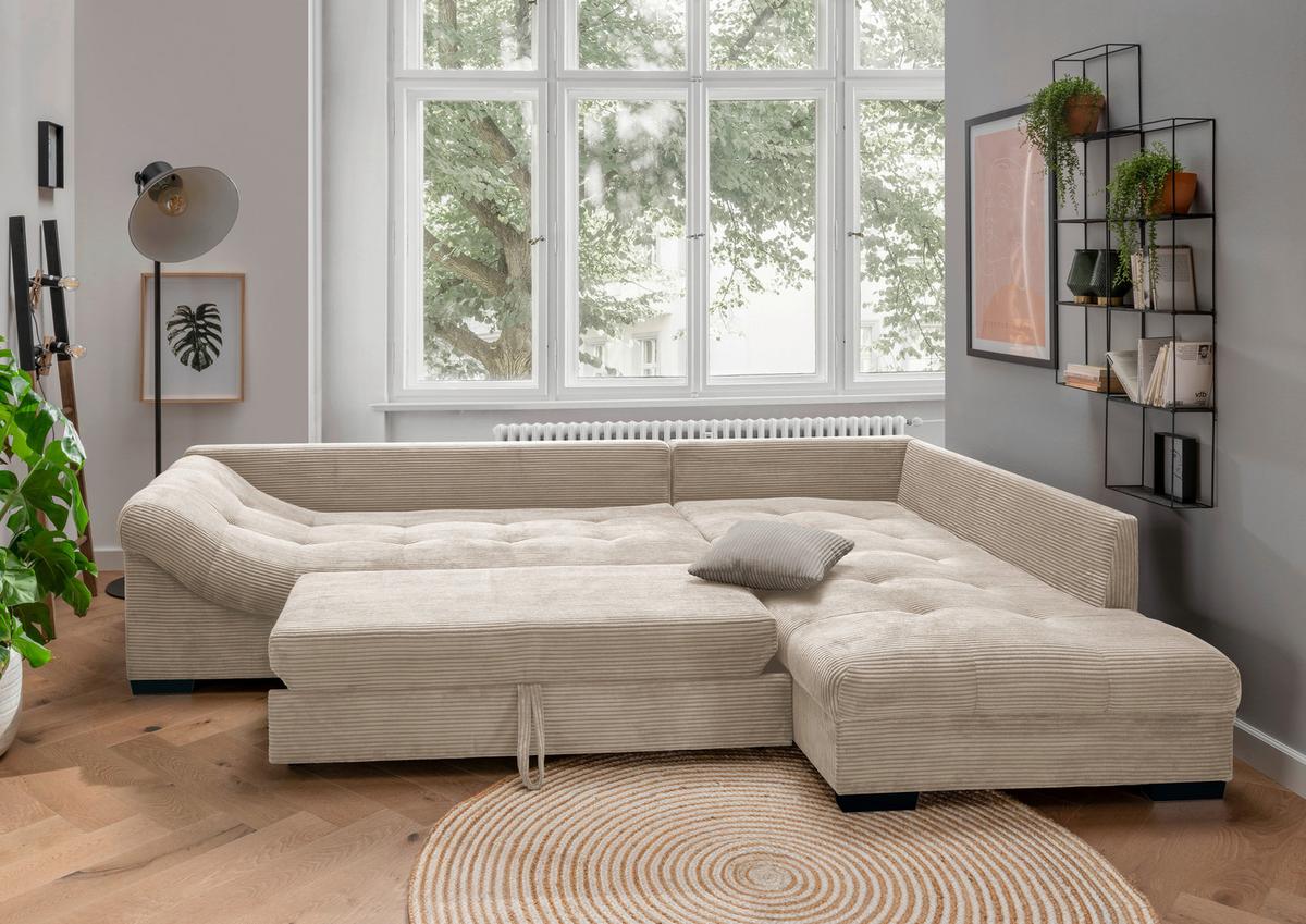 Rohová sedačka ALVITO, pravá, béžový manšestr - šedá/černá, Design, dřevo/textil (298/202cm) - MID.YOU
