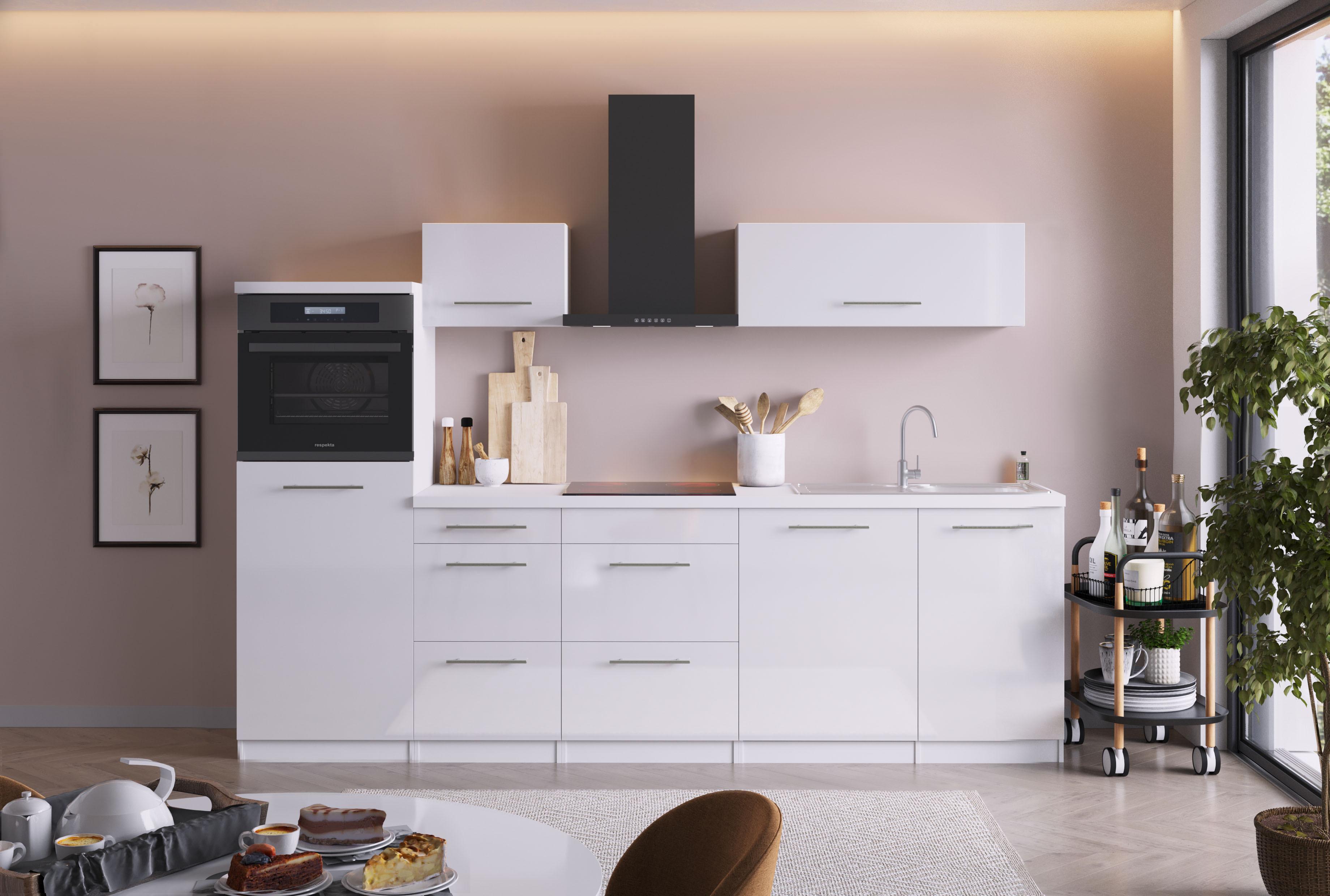 Küchenzeile mit Geräten B: 280 cm Weiß Hochglanz - Weiß Hochglanz/Weiß, Design, Holzwerkstoff (280cm) - Respekta