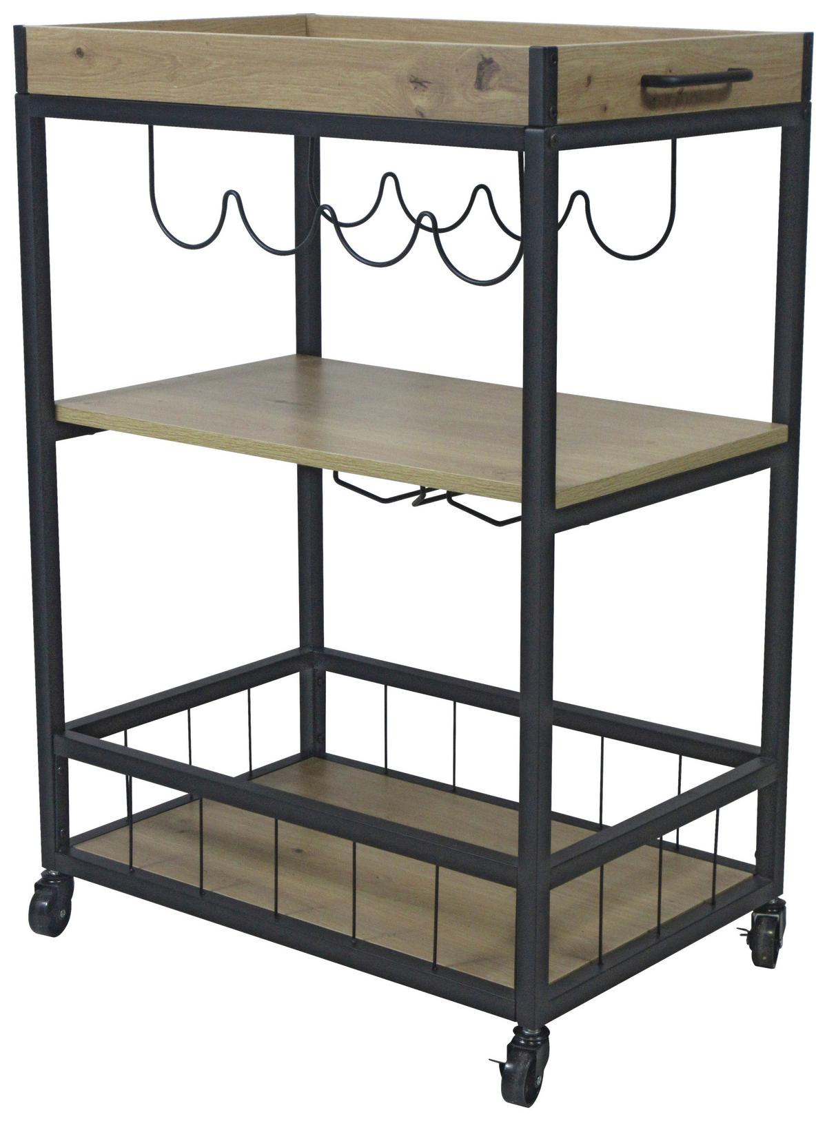 Servírovací vozík GRAZ - černá/přírodní barvy, Moderní, kov/kompozitní dřevo (67/88/39,5cm)