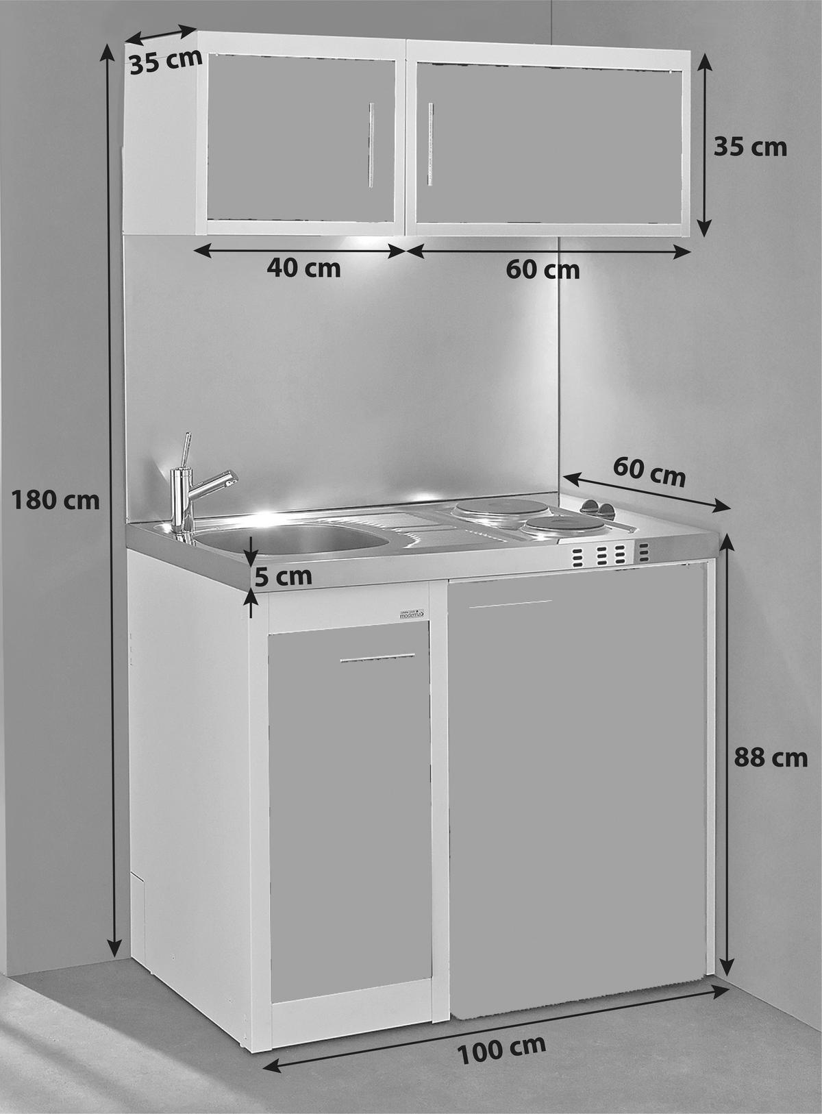 Miniküche mit Kühlschrank + Kochfeld 100 cm Anthrazit/Weiß - Edelstahlfarben/Anthrazit, KONVENTIONELL, Metall (100cm) - Respekta