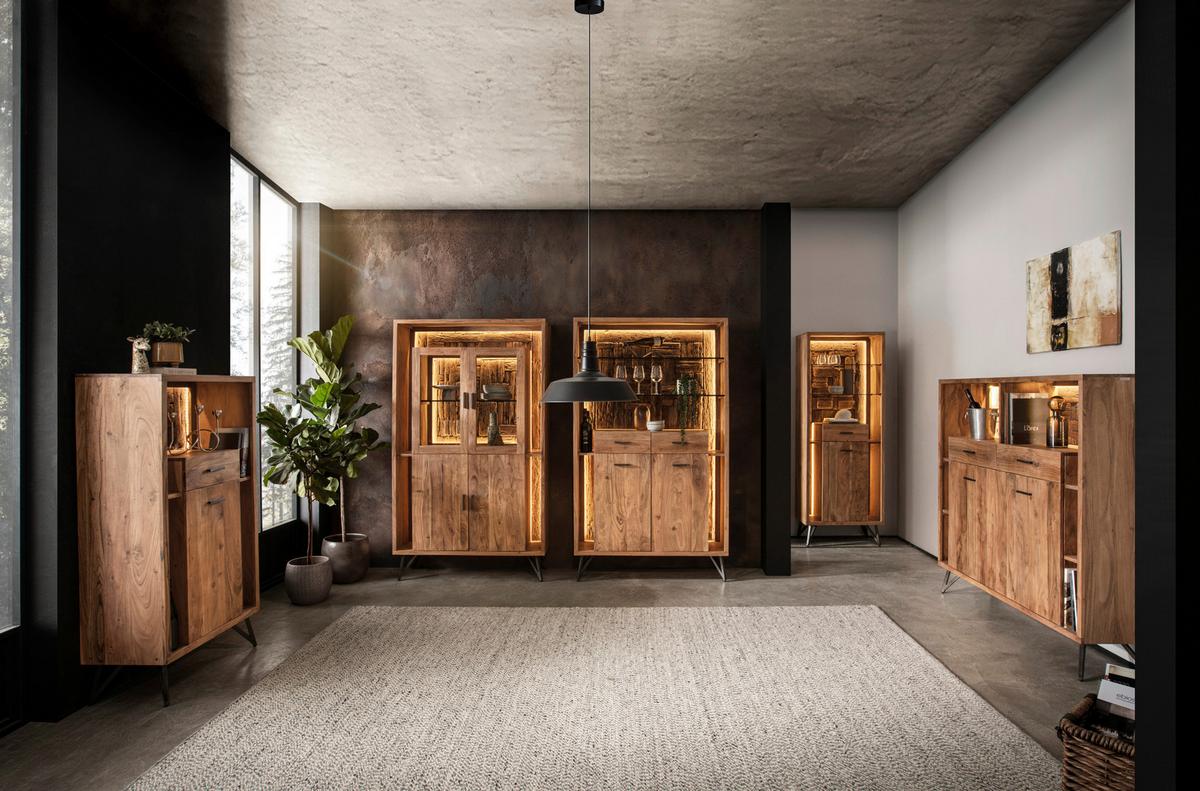 Highboard Indira Akazie Massiv, B: 145 cm - Schwarz/Akaziefarben, ROMANTIK / LANDHAUS, Holz/Metall (145/150/40cm)