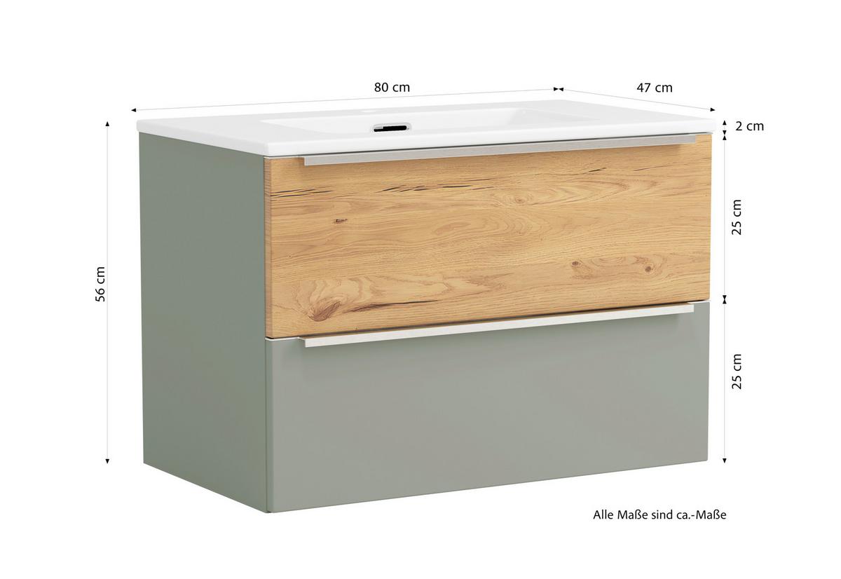 Waschtischkombi Verona Wildeiche/Schilfgrün B: 80cm - Schilfgrün/Wildeiche, Trend, Keramik/Holzwerkstoff (80/54/47cm) - Held
