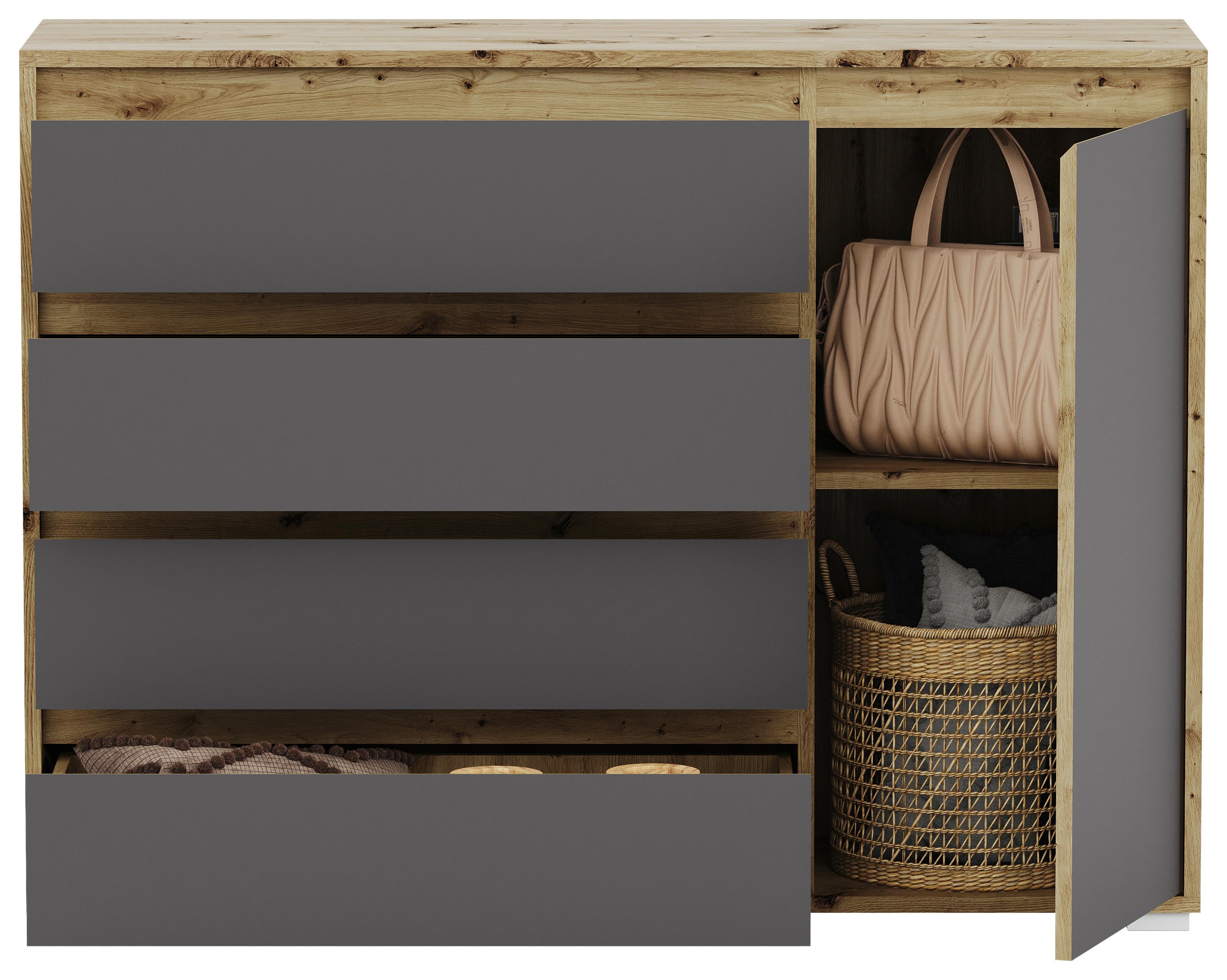 Kommode grifflos B: 113 cm Torino Eiche Dekor/Grau - Eichefarben/Silberfarben, MODERN (113/85/35cm)