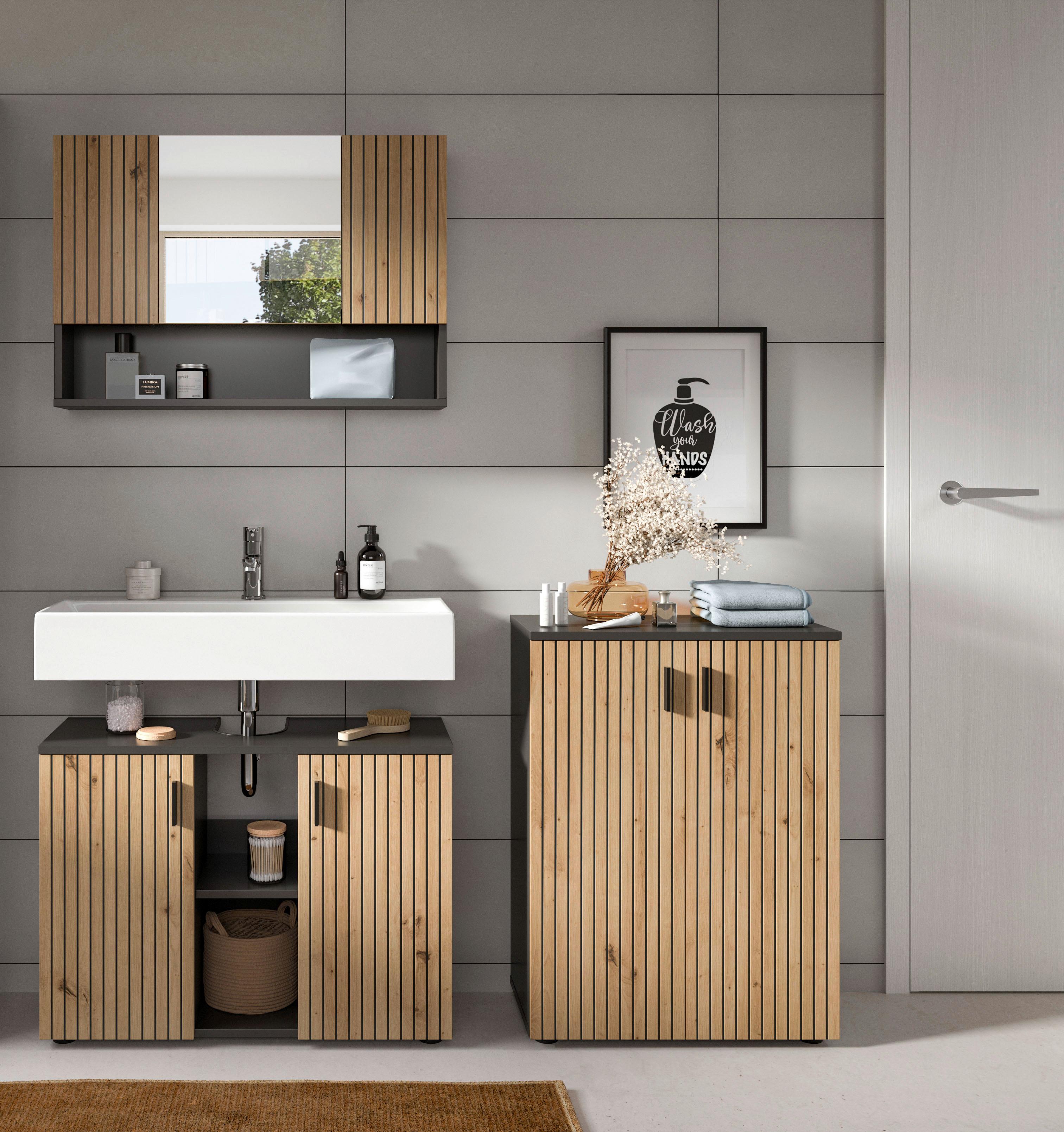 Badezimmer Mone Eiche Dekor B: 140cm - Schwarz/Eiche Artisan, Basics, Holzwerkstoff (140/189/30cm) - MID.YOU