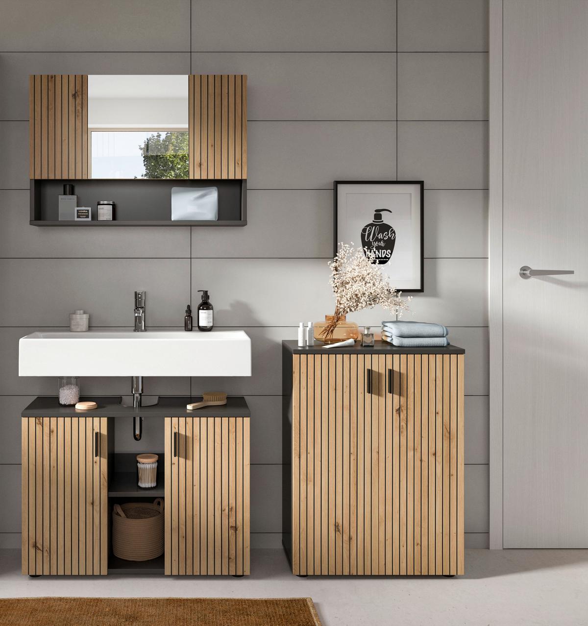 Badezimmer Mone Eiche Dekor B: 140cm - Schwarz/Eiche Artisan, Basics, Holzwerkstoff (140/189/30cm) - MID.YOU