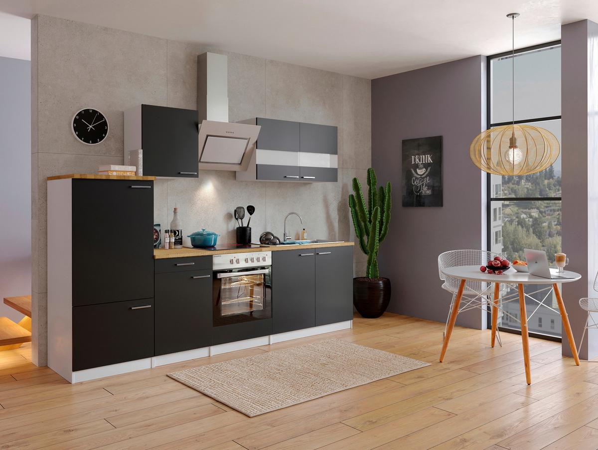 Küchenzeile Economy m. Geräten 270 cm Schwarz/Nussbaum Dekor - Nussbaumfarben/Schwarz, Basics, Holzwerkstoff (270cm) - Respekta