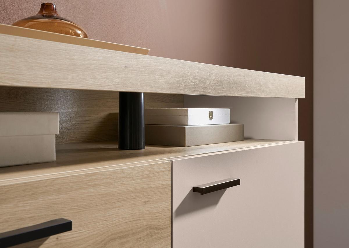 Highboard Strada Giga *ph* Eiche Artisan/Kashmir, B:151cm - Kaschmir/Schwarz, Trend, Glas/Holzwerkstoff (151/129/37cm)