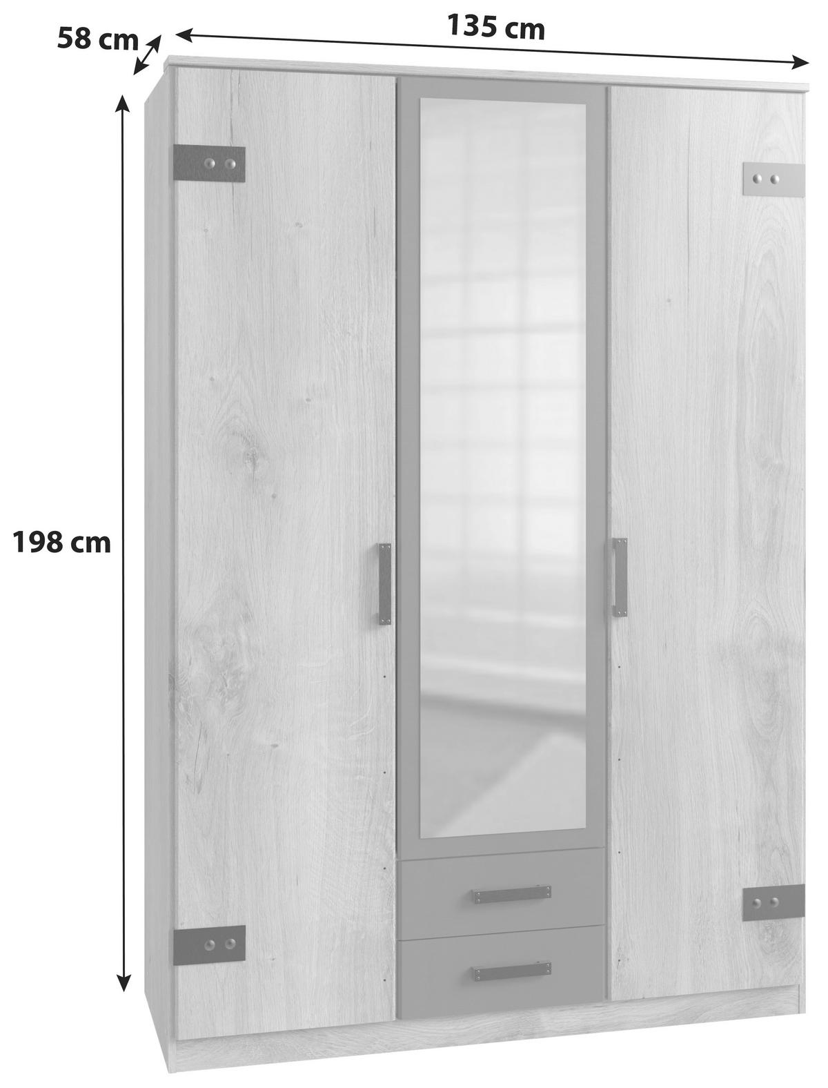 Drehtürenschrank M. Spiegel 135cm Liverpool, Eiche Dekor - Eichefarben/Graphitfarben, KONVENTIONELL, Holzwerkstoff (135/198/58cm) - MID.YOU