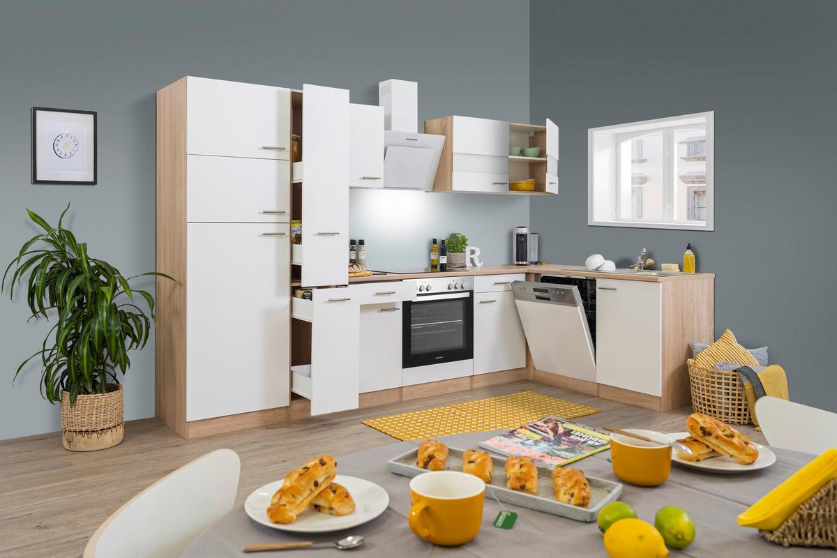 Eckküche Economy mit Geräten 172 cm Weiß/Eichefarben - Eichefarben/Weiß, Basics, Glas/Holzwerkstoff (310/172cm) - Respekta