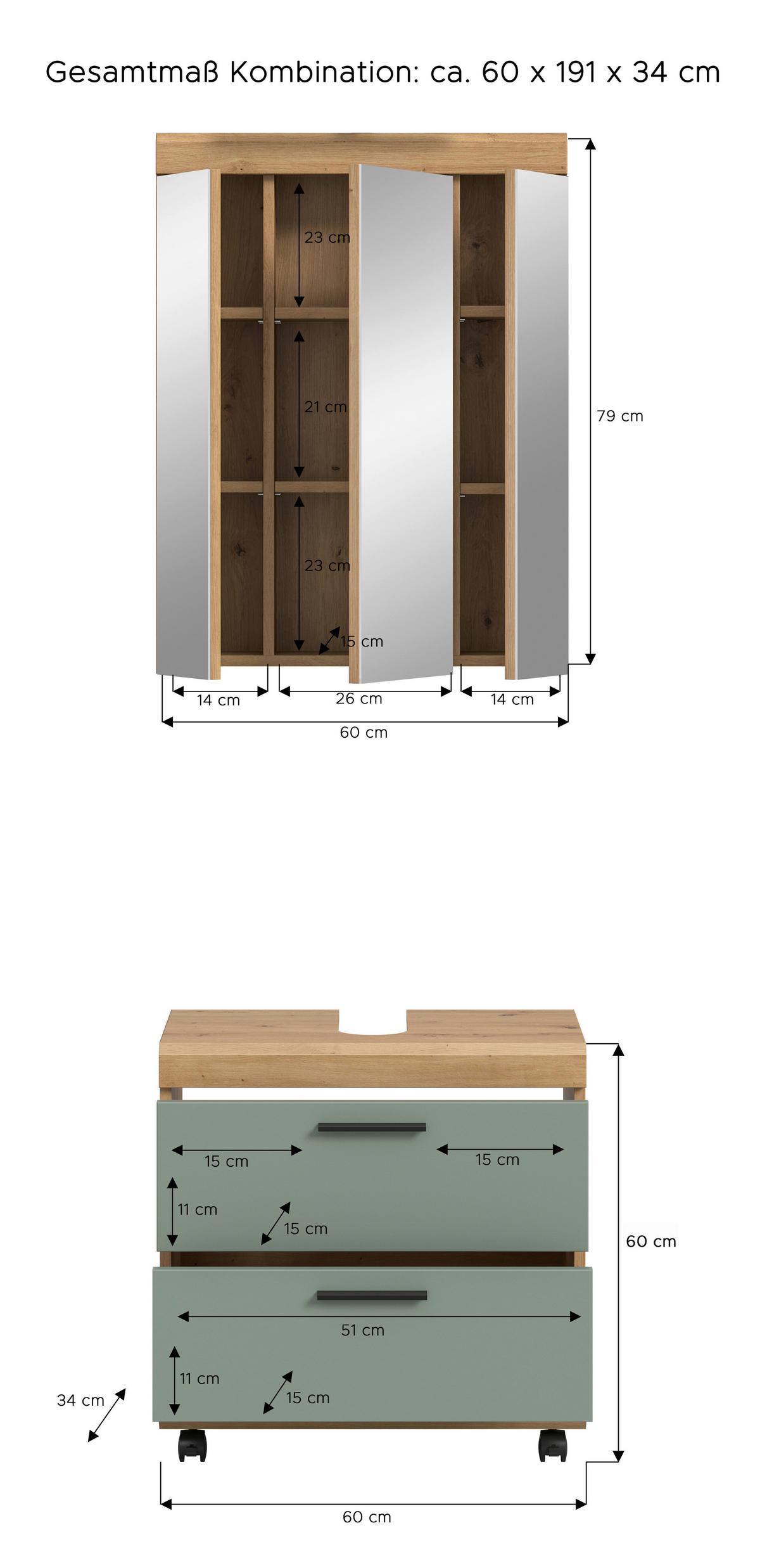 Badezimmer Scout Salbeigrün/Eiche Dekor B: 60cm - Salbeigrün/Schwarz, Trend, Glas/Holzwerkstoff (60cm) - MID.YOU