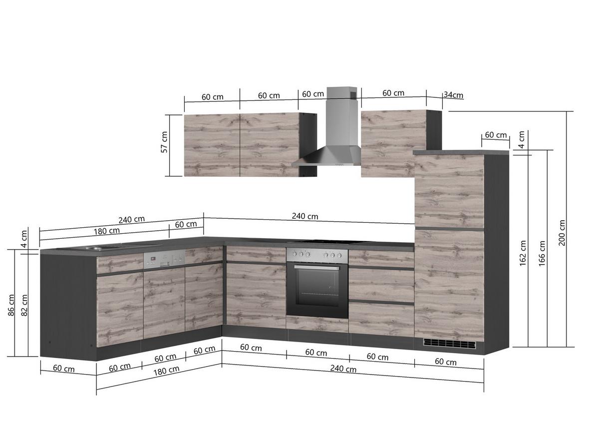 Eckküche Turin Mit Geräten 240x300 Cm Grau/eiche Dekor - Eiche Wotan/Grau, Design, Holzwerkstoff (240/300cm) - Held