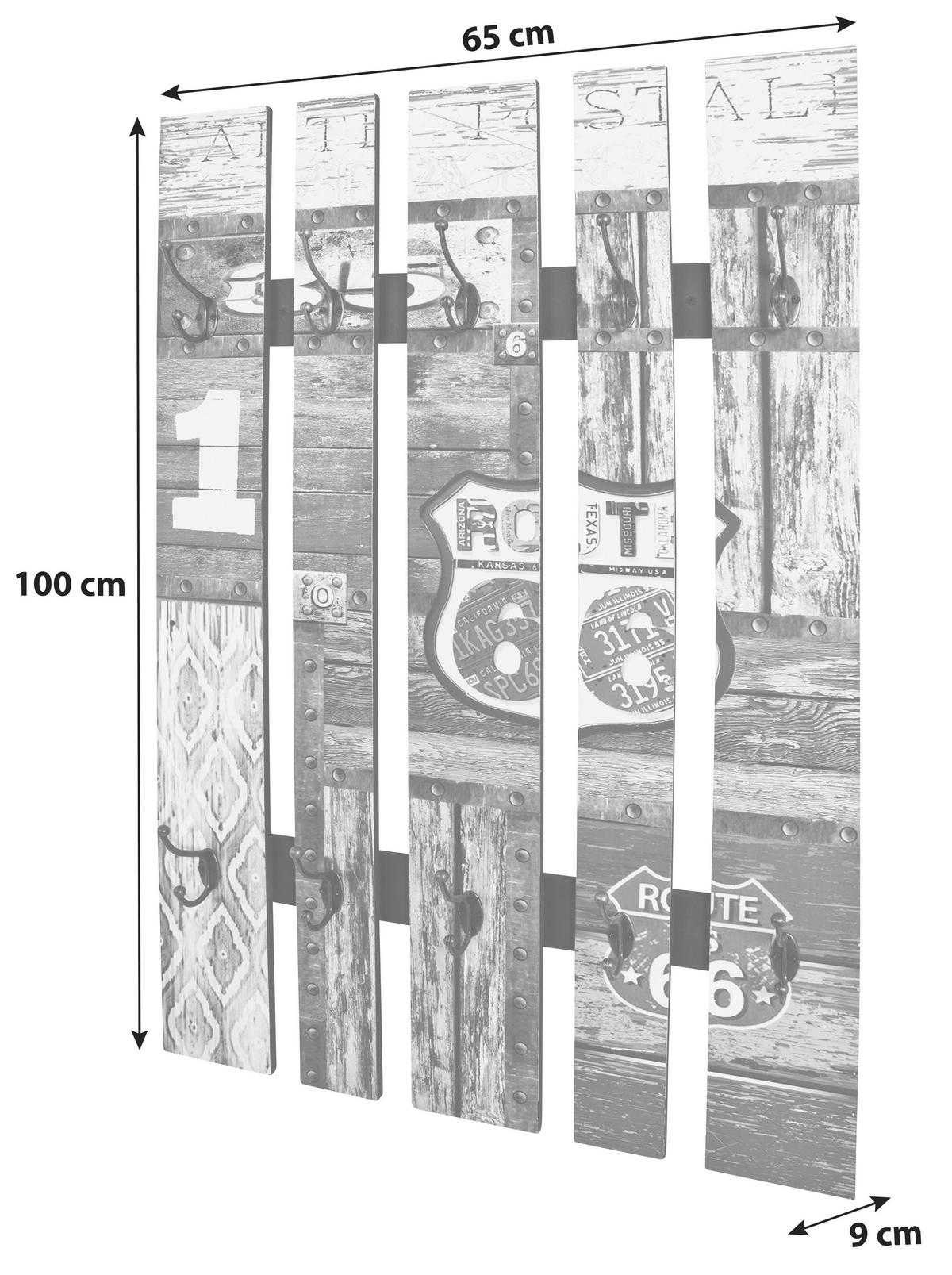 Wandgarderobe Timber Multicolor B: 65 Cm 10 Haken - Multicolor, KONVENTIONELL, Holzwerkstoff (65/100/9cm)
