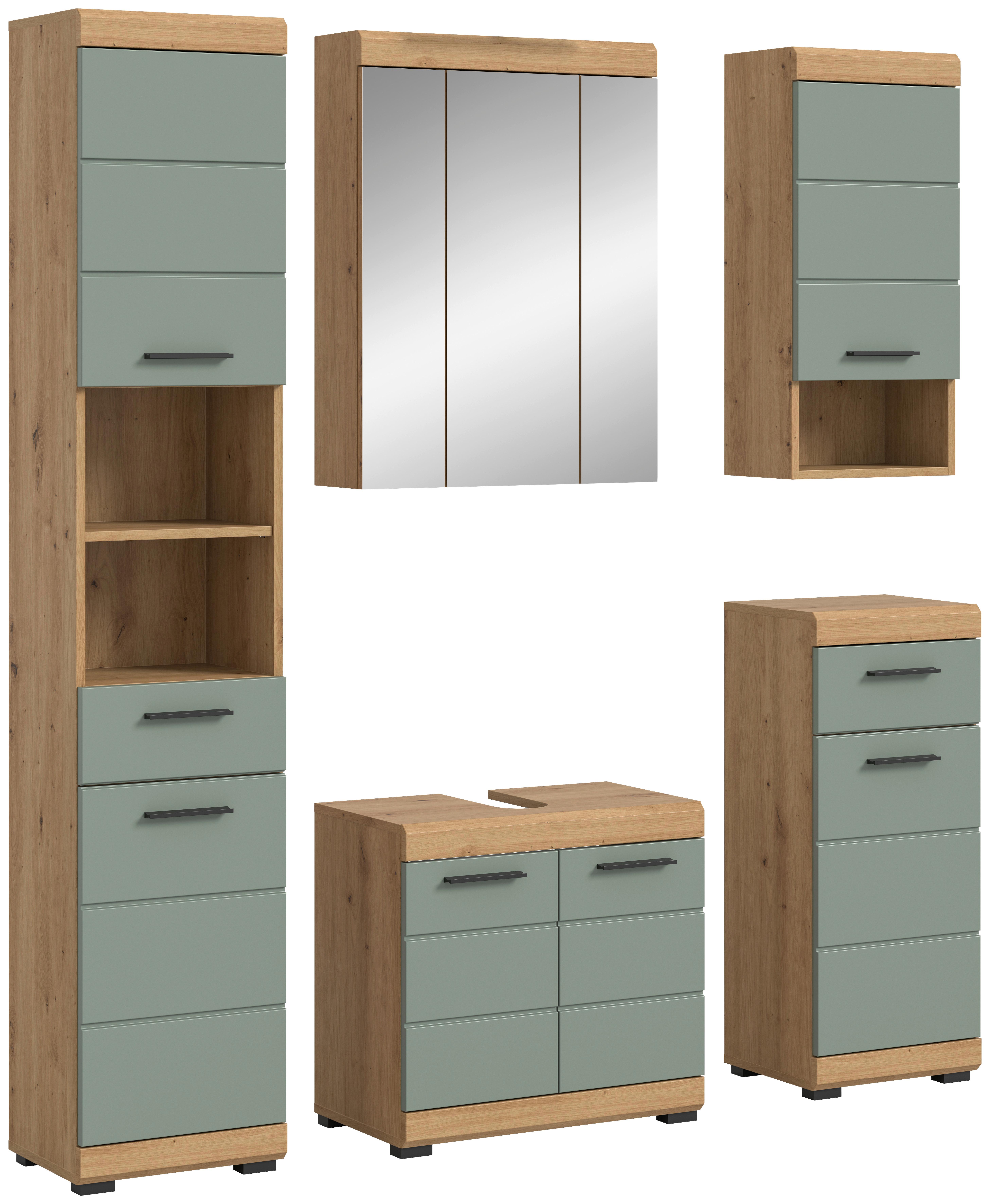 Badezimmer Scout Eiche Dekor/Salbeigrün B:134cm - Salbeigrün/Eichefarben, MODERN, Glas/Holzwerkstoff (134cm) - MID.YOU