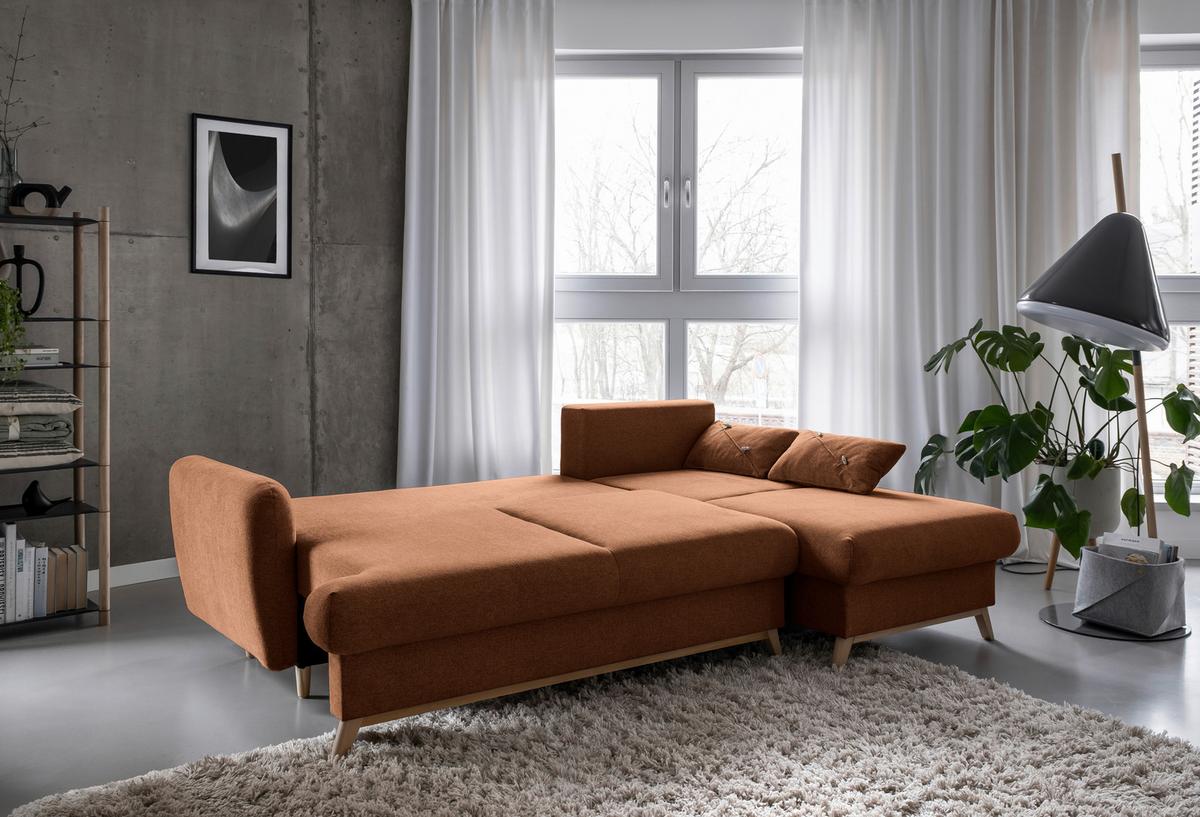 Sedačka LUCILE S, pravá, cihlová, úl.prostor a lůžko - terracotta/přírodní barvy, dřevo/textil (235/157cm) - MID.YOU