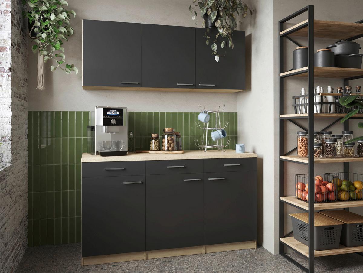 Miniküche Merle Schwarz, Eiche Dekor B: 150 cm - Eichefarben/Schwarz, Basics, Holzwerkstoff (150cm) - Respekta