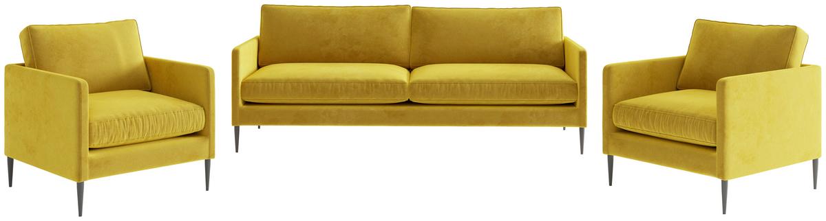 Sitzgarnitur Justin 3-teilig Currygelb B: 210 Cm - Currygelb/Edelstahlfarben, Design, Textil (210/80/84cm) - Livetastic