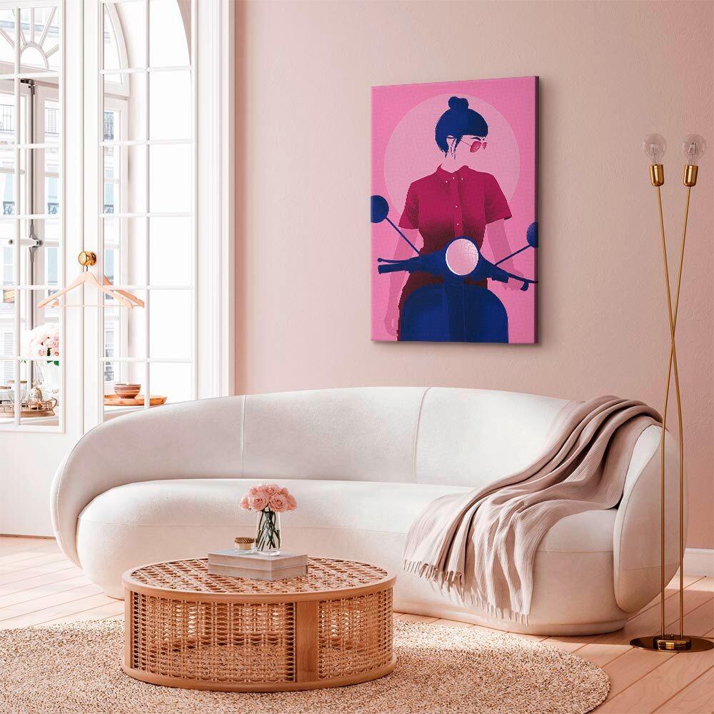 Leinwandbild Girl On A Scooter Pink Magenta B: 80 cm - Pink/Magenta, Basics, Holz/Textil (80/120/1,2cm) - artgeist
