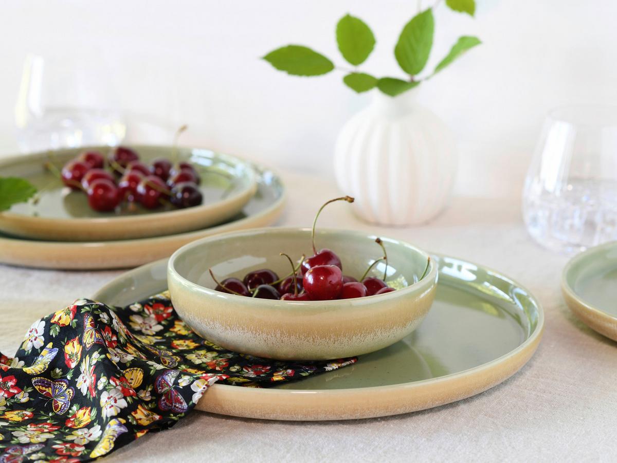 Speisetellerset Romana 12--Teilig. Creme/grün - Creme/Grün, Design, Keramik - Creatable