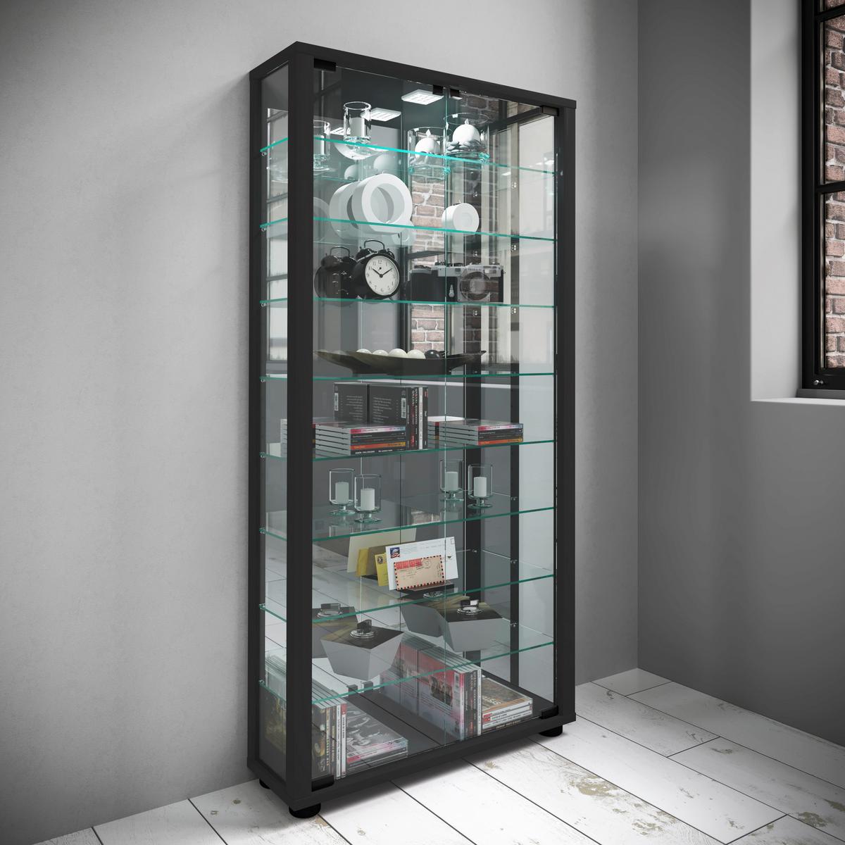 Vitrine Lumo Schwarz B: 59 cm - Schwarz, MODERN, Glas/Holzwerkstoff (59/114,8/18cm) - MID.YOU