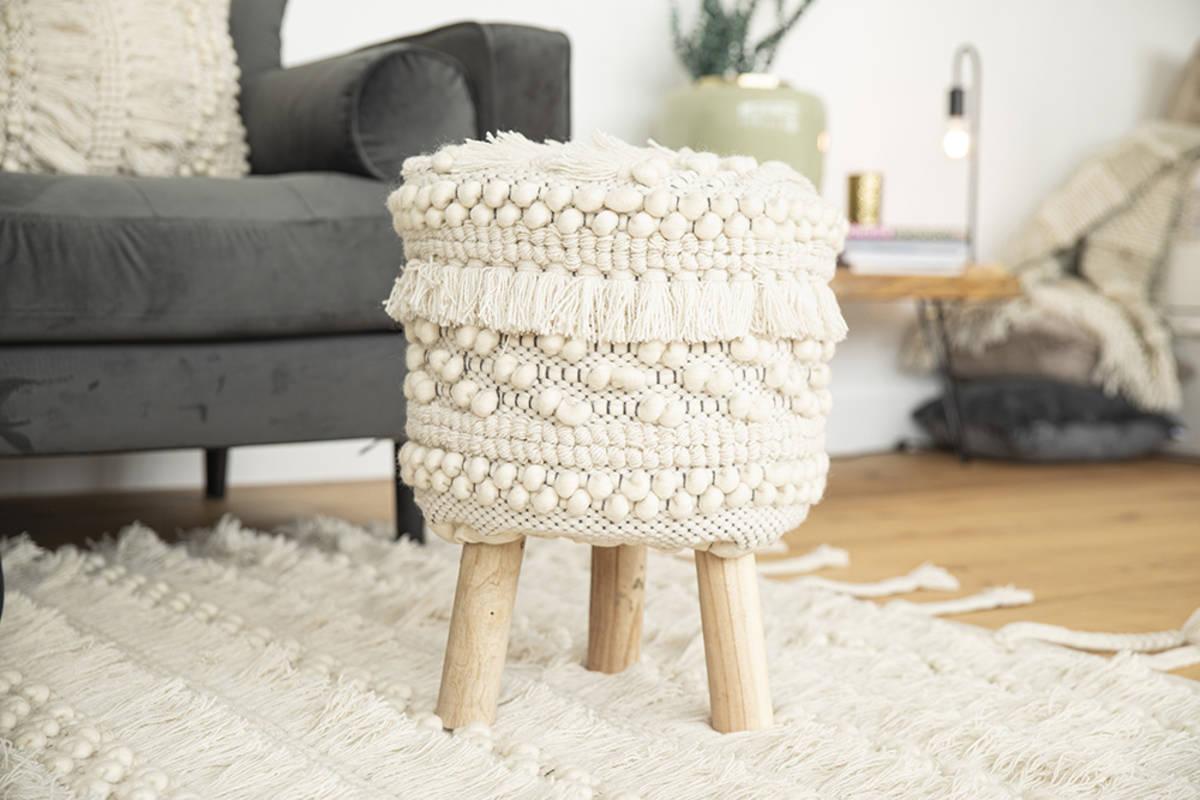 Hocker Bohist Makramee/ Echtholz Weiß H: 50 Cm - Weiß, Trend, Holz/Textil (38/50/38cm) - Kayoom