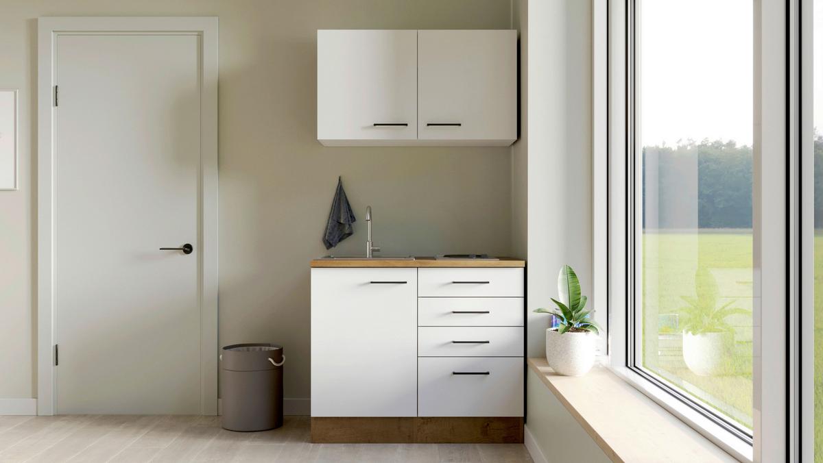 Minikuchyňa AVILA, šírka 100cm vrátane drezu a varnej dosky - čierna/magnóliová, Modern, kov/kompozitné drevo (100cm) - FlexWell