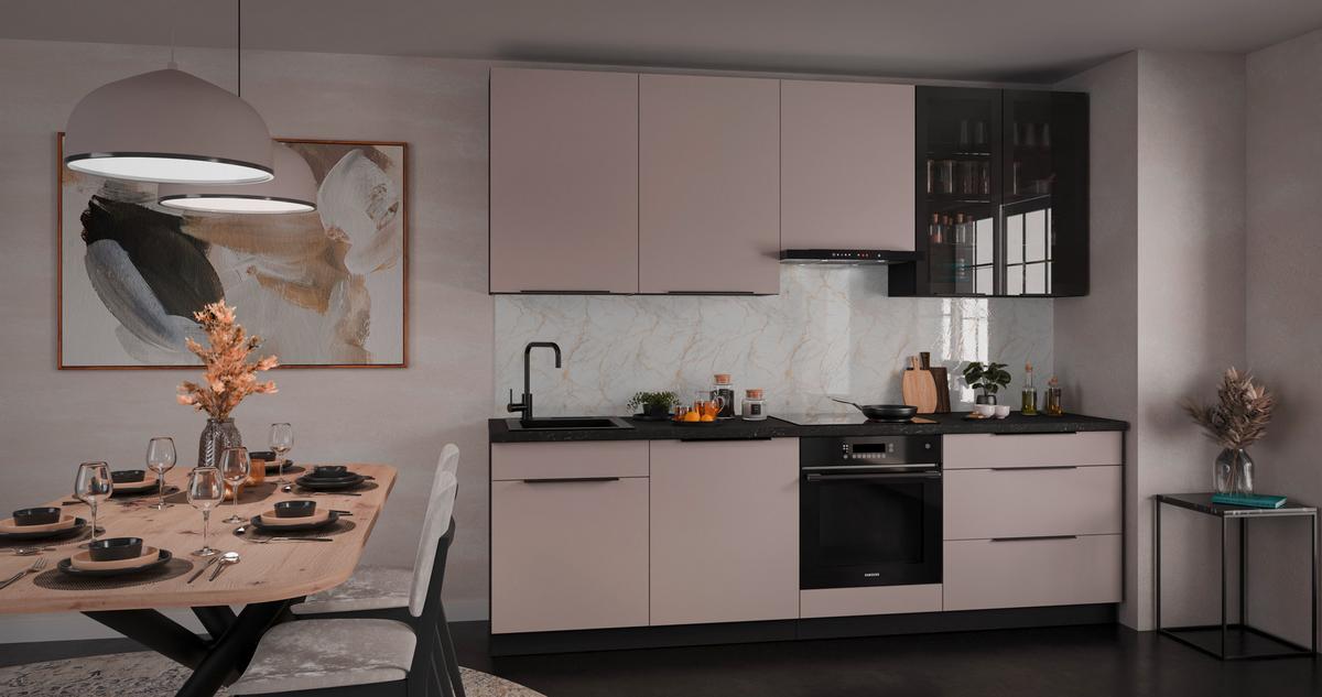 Konyhablokk Gépek Nélkül Arona - bézs/fekete, Modern, faalapú anyag/üveg (260/235/60cm) - Modern Living