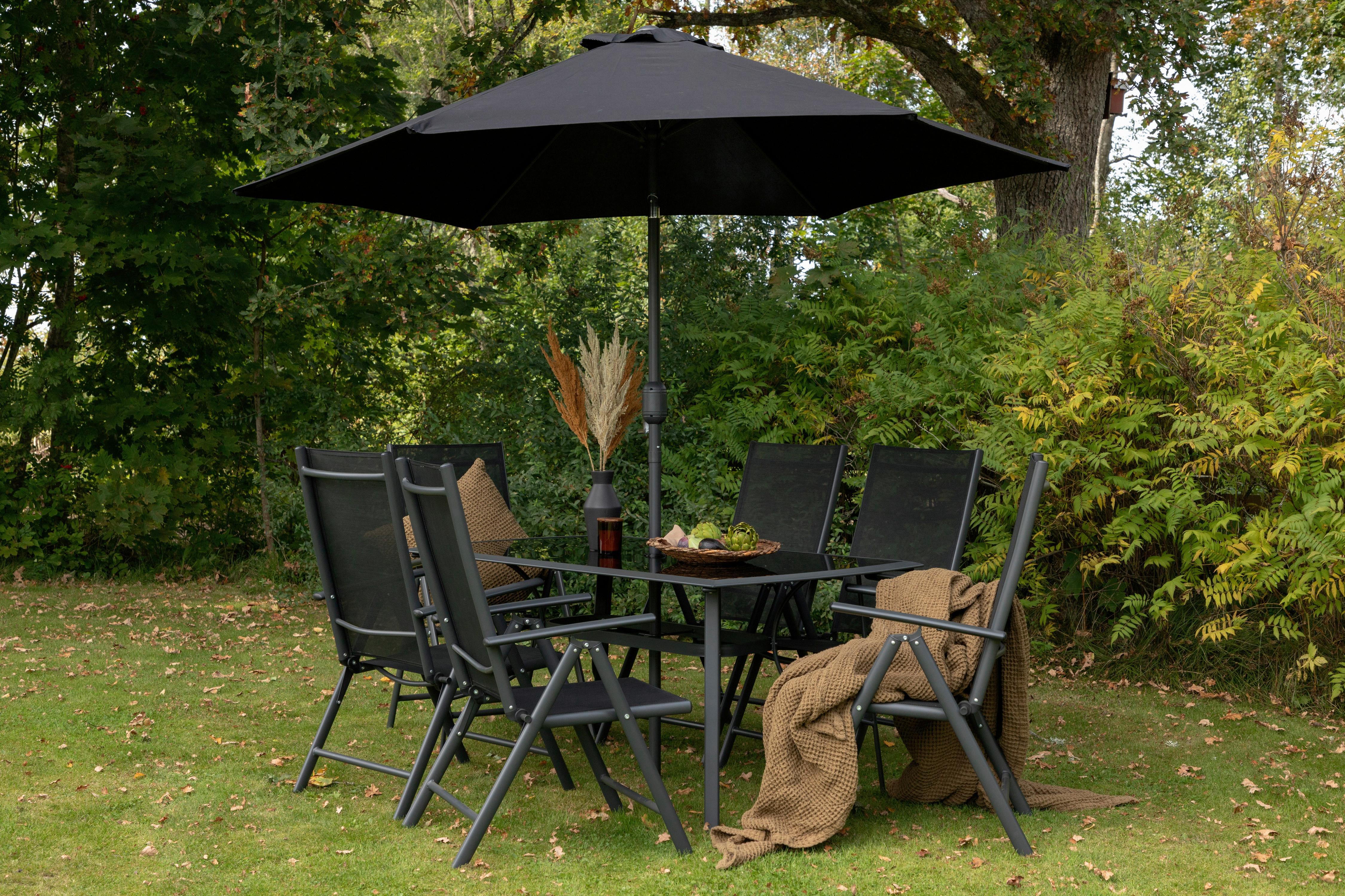 Gartentischgruppe 8-Tlg Brekki aus Aluminium mit Schirm - Schwarz, KONVENTIONELL, Glas/Metall - Gardenson