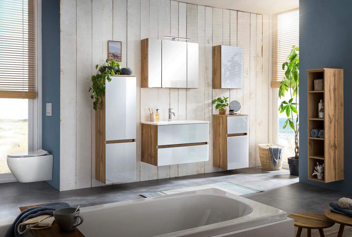 Waschbecken mit Unterschrank B: 80 cm Weiß/Eiche Dekor - Eichefarben/Weiß, KONVENTIONELL, Glas/Holzwerkstoff (80cm) - Held