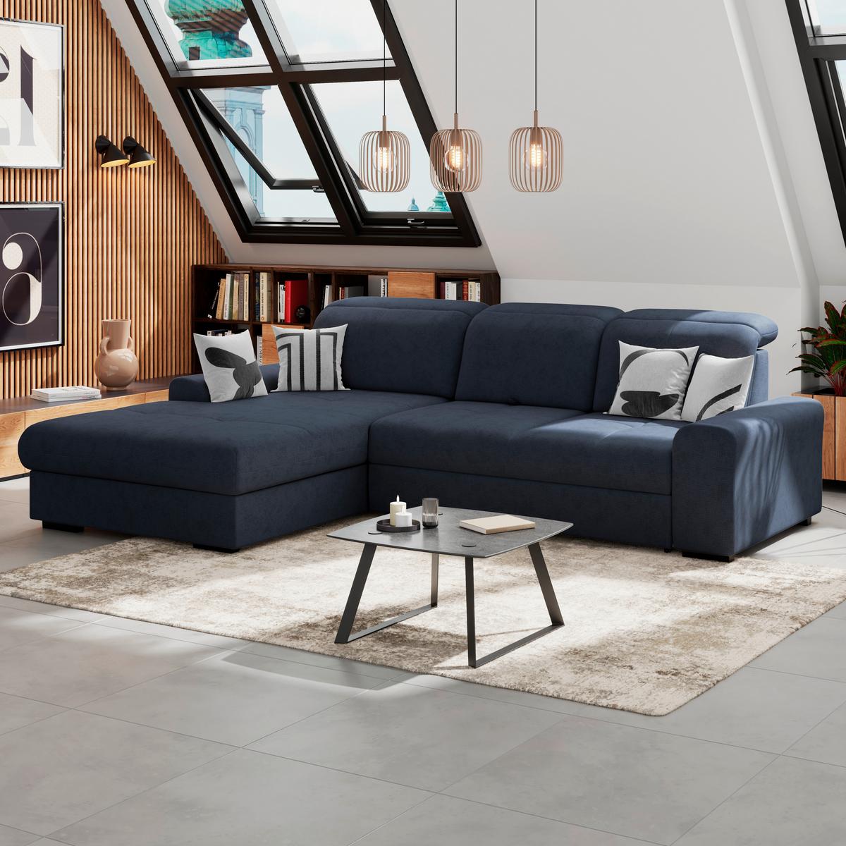 Ecksofa mit Bettfunktion Malaga new Chenille blau - Blau/Schwarz, KONVENTIONELL, Textil (203/286cm) - Ondega