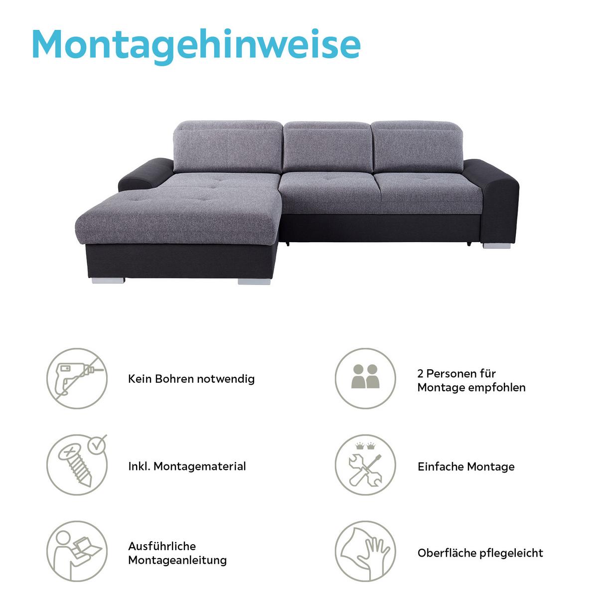 Ecksofa Mit Schlaffunktion + Bettkasten Malaga, Webstoff - Silberfarben/Graphitfarben, KONVENTIONELL, Textil (203/286cm) - Ondega