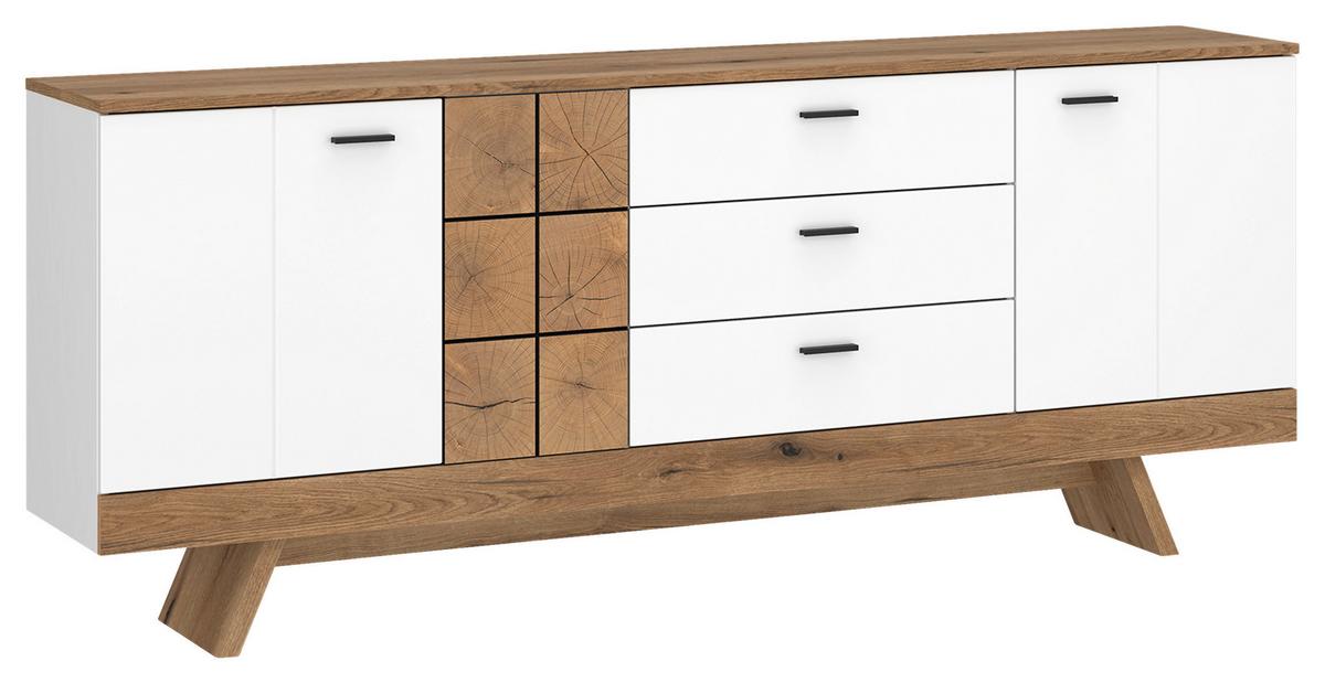 Kommode Oreta B: 184 Cm Weiß Hochglanz/eichefarben - Weiß Hochglanz/Eichefarben, MODERN, Holzwerkstoff (184/78,4/40cm)