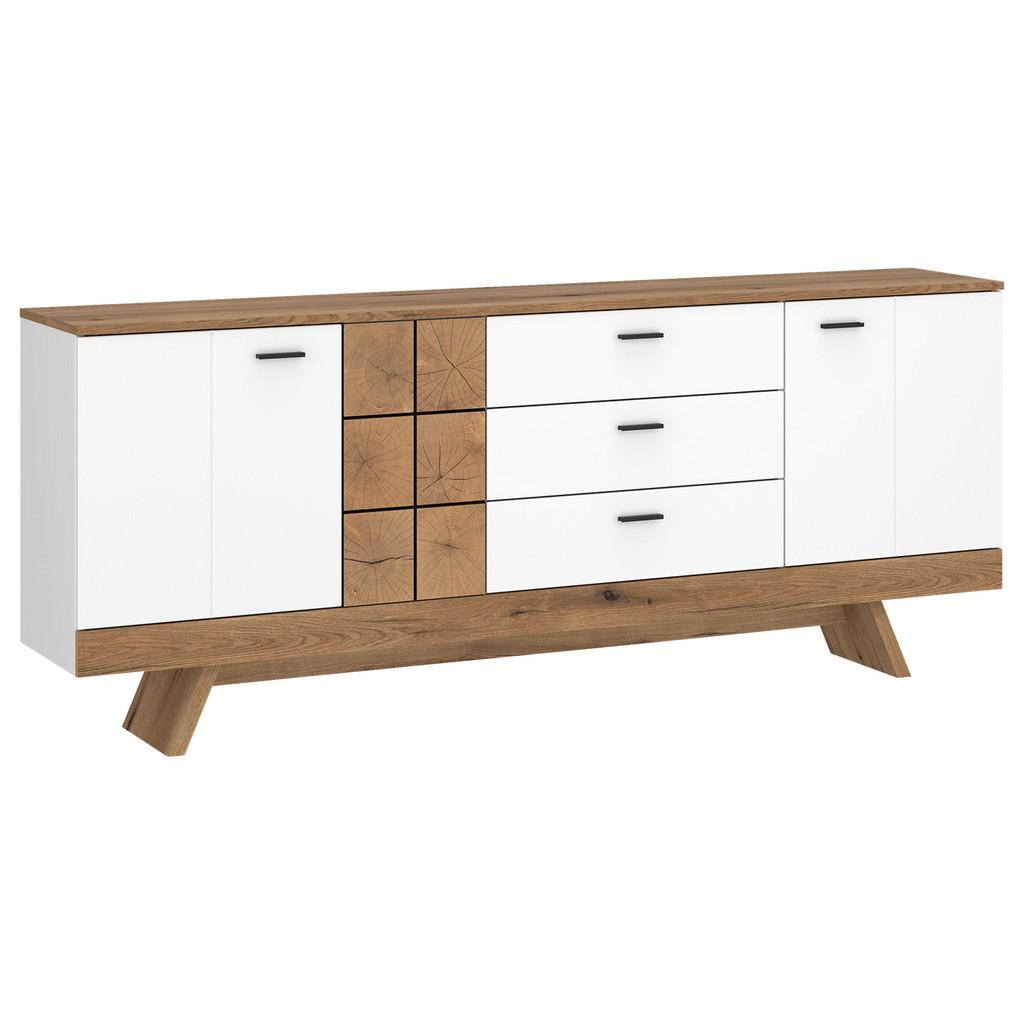 Kommode Oreta B: 184 cm Weiß Hochglanz/Eichefarben
