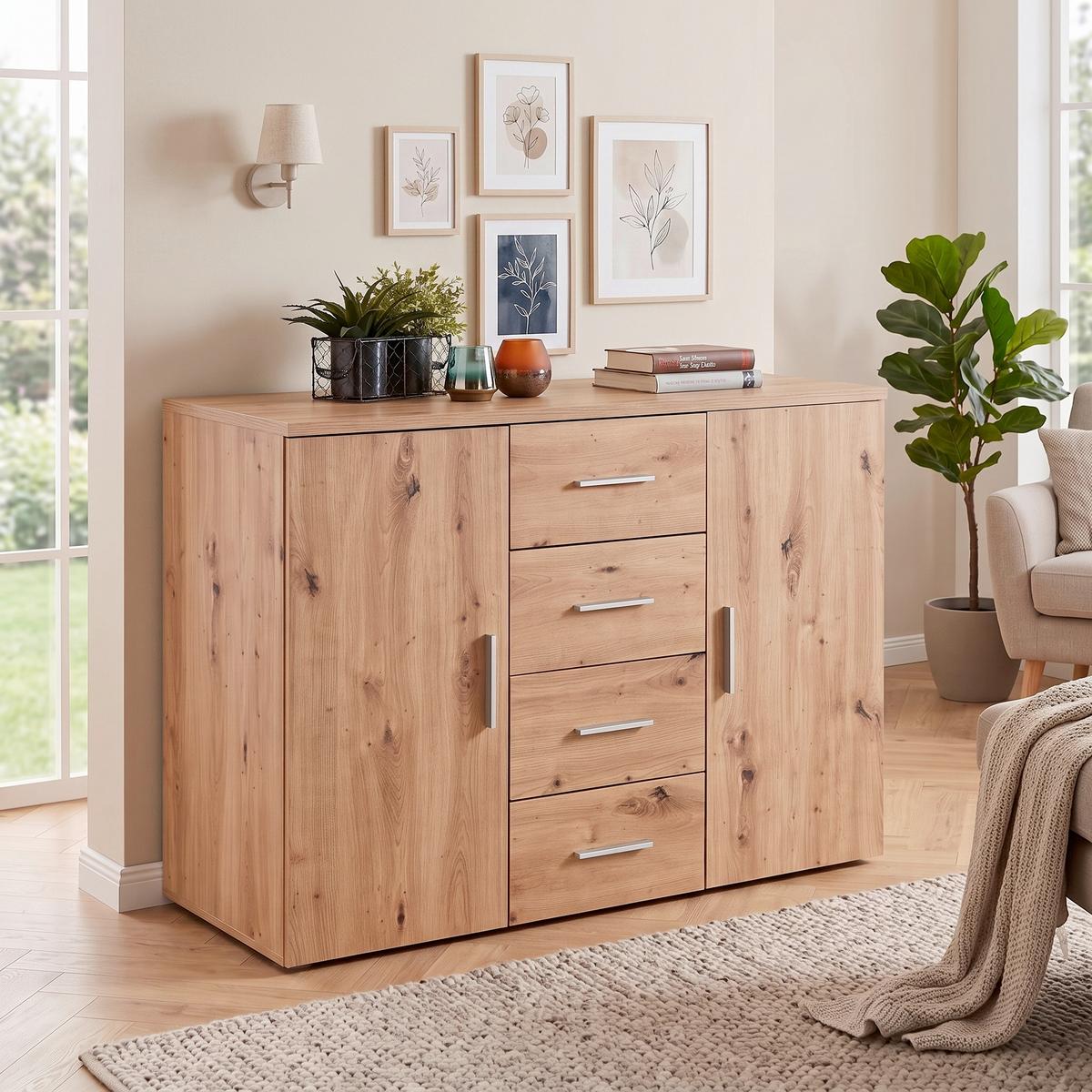 Komód Trio New 120/86 Cm - tölgyfa színű, Modern, faalapú anyag (120/86/50cm)