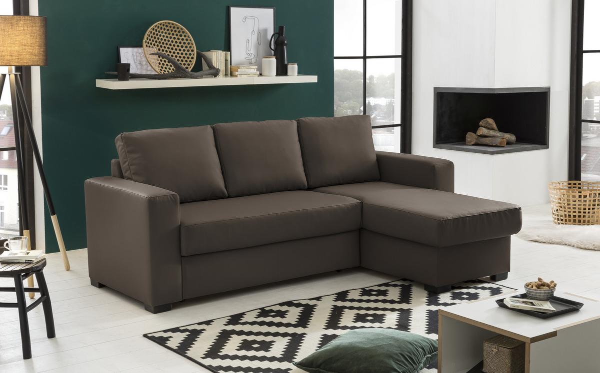 Ecksofa mit Schlaffunktion + Bettkasten Cristiano Lederlook - Braun, Basics, Textil (220/150cm) - MID.YOU