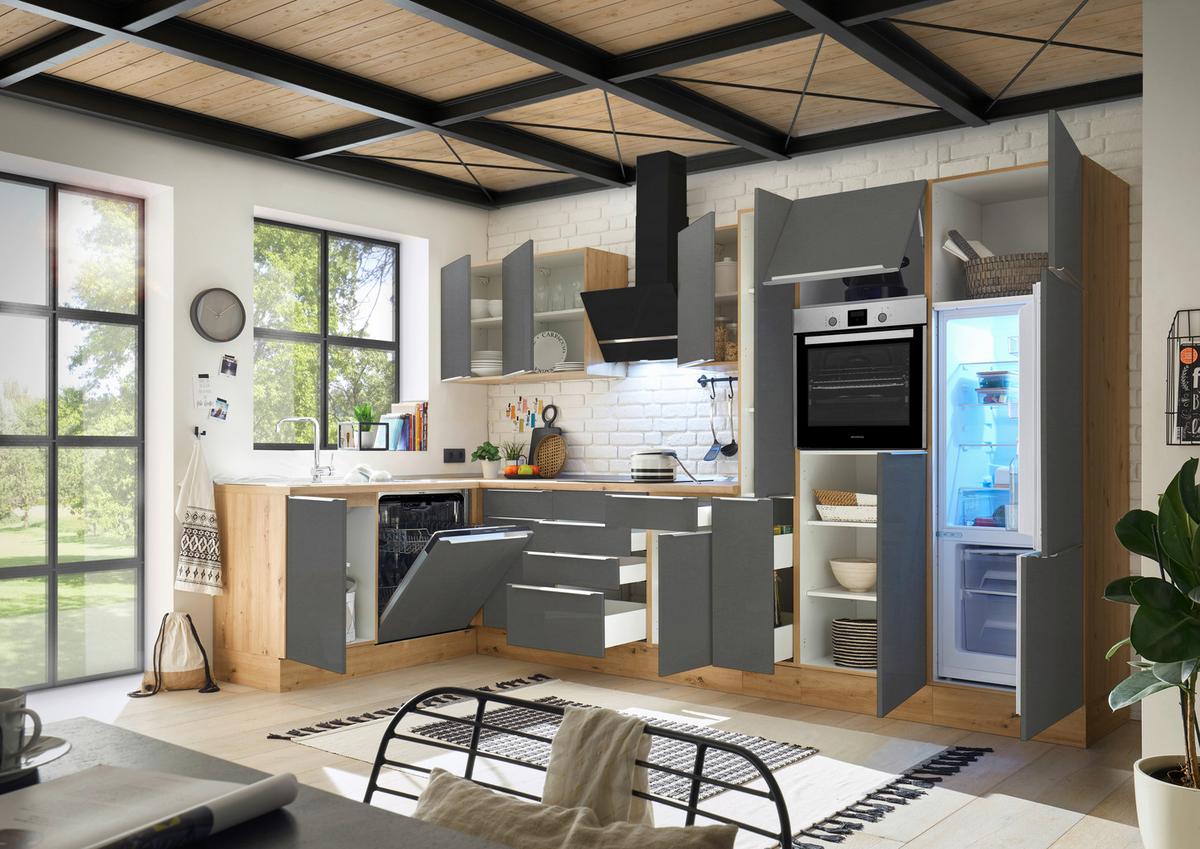 Eckküche mit Geräten 370x170 cm Grau/Eiche Dekor, Modern - Anthrazit/Eiche Artisan, LIFESTYLE, Holzwerkstoff (170/370cm) - Respekta